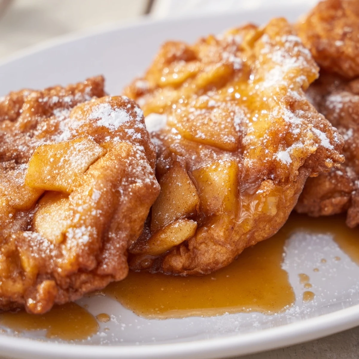 Golden Caramel Apple Spiced Biscuit Fritters drizzled with warm caramel sauce and powdered sugar.