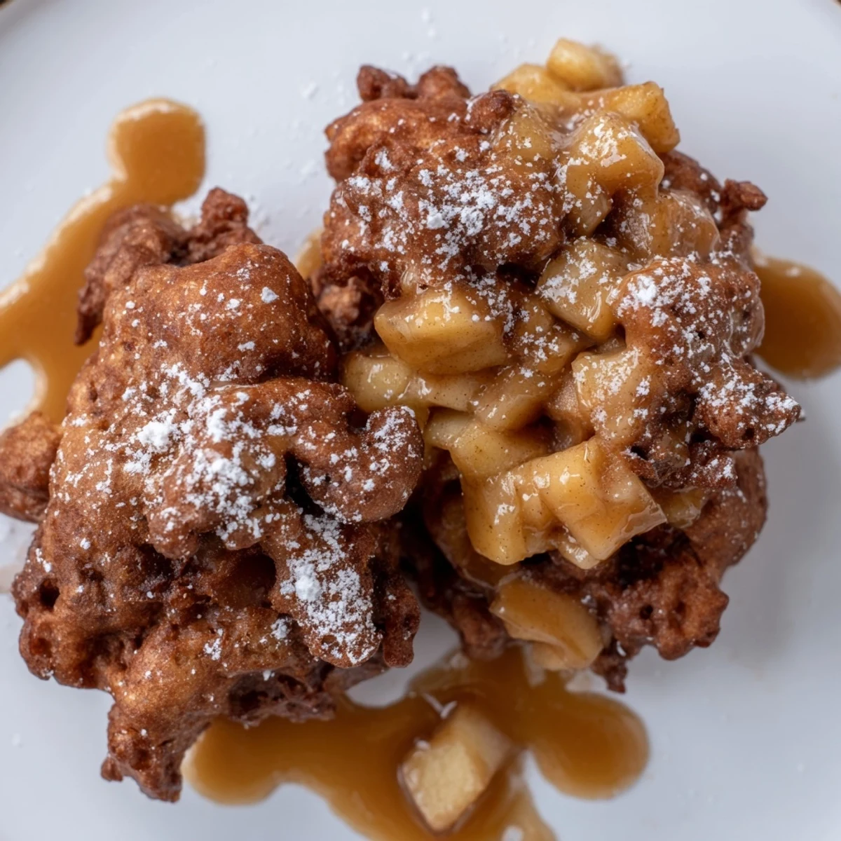 Crispy fritters filled with tender spiced apples, served warm with rich caramel drizzle.