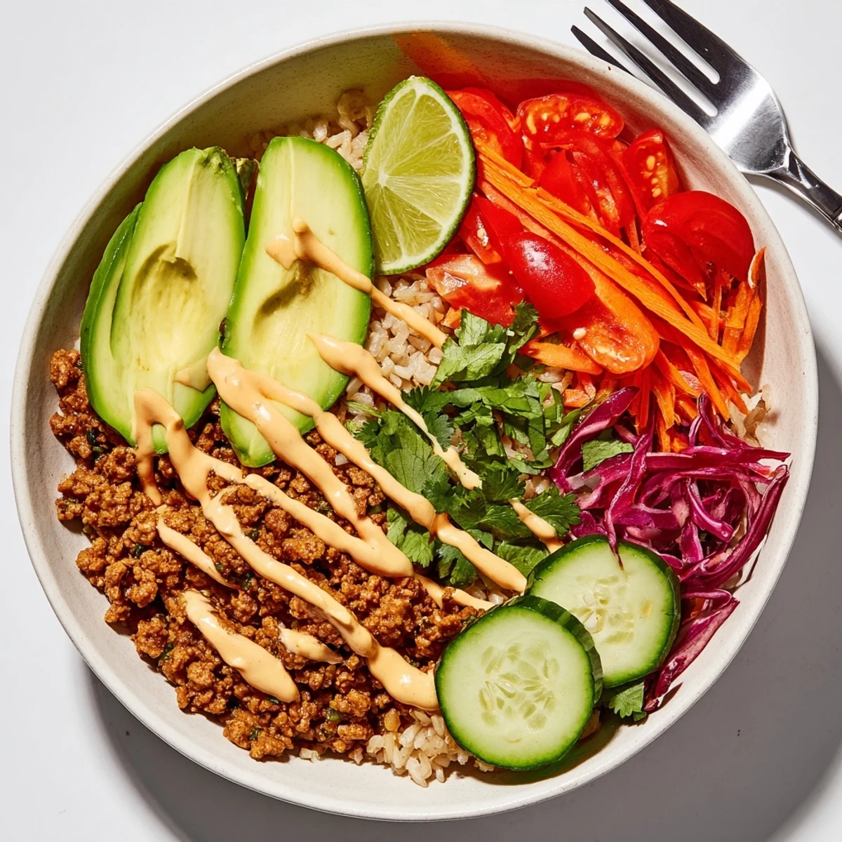 Vibrant plant-based meat bowl topped with fresh veggies and spicy mayo drizzle.  