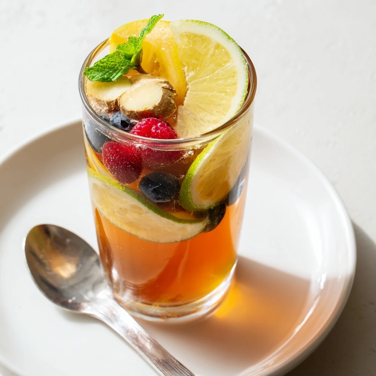 Refreshing kombucha-style home-brew mocktails served over ice with vibrant berries.