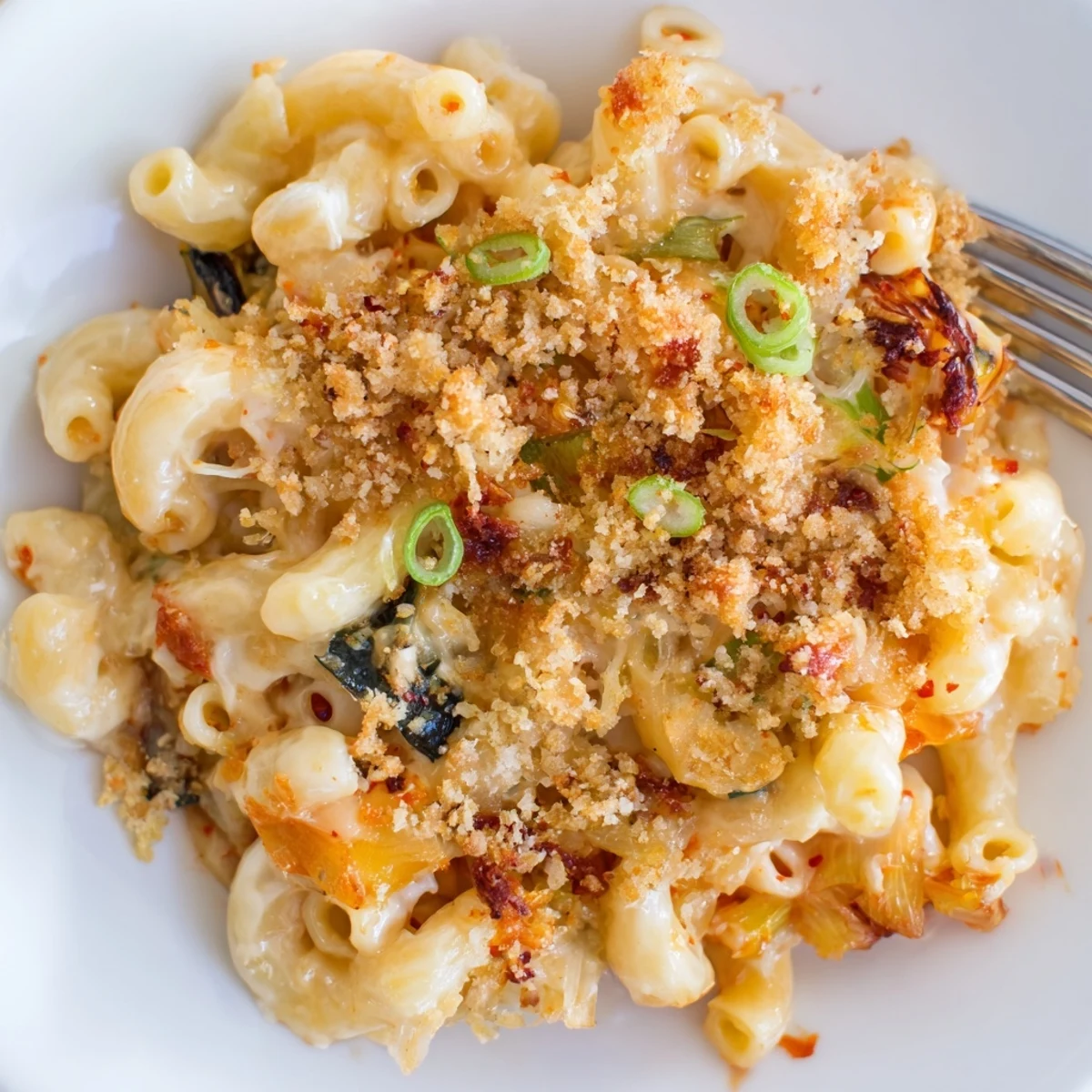 Creamy Spicy Kimchi Mac & Cheese topped with crunchy sesame for bold flavor.  