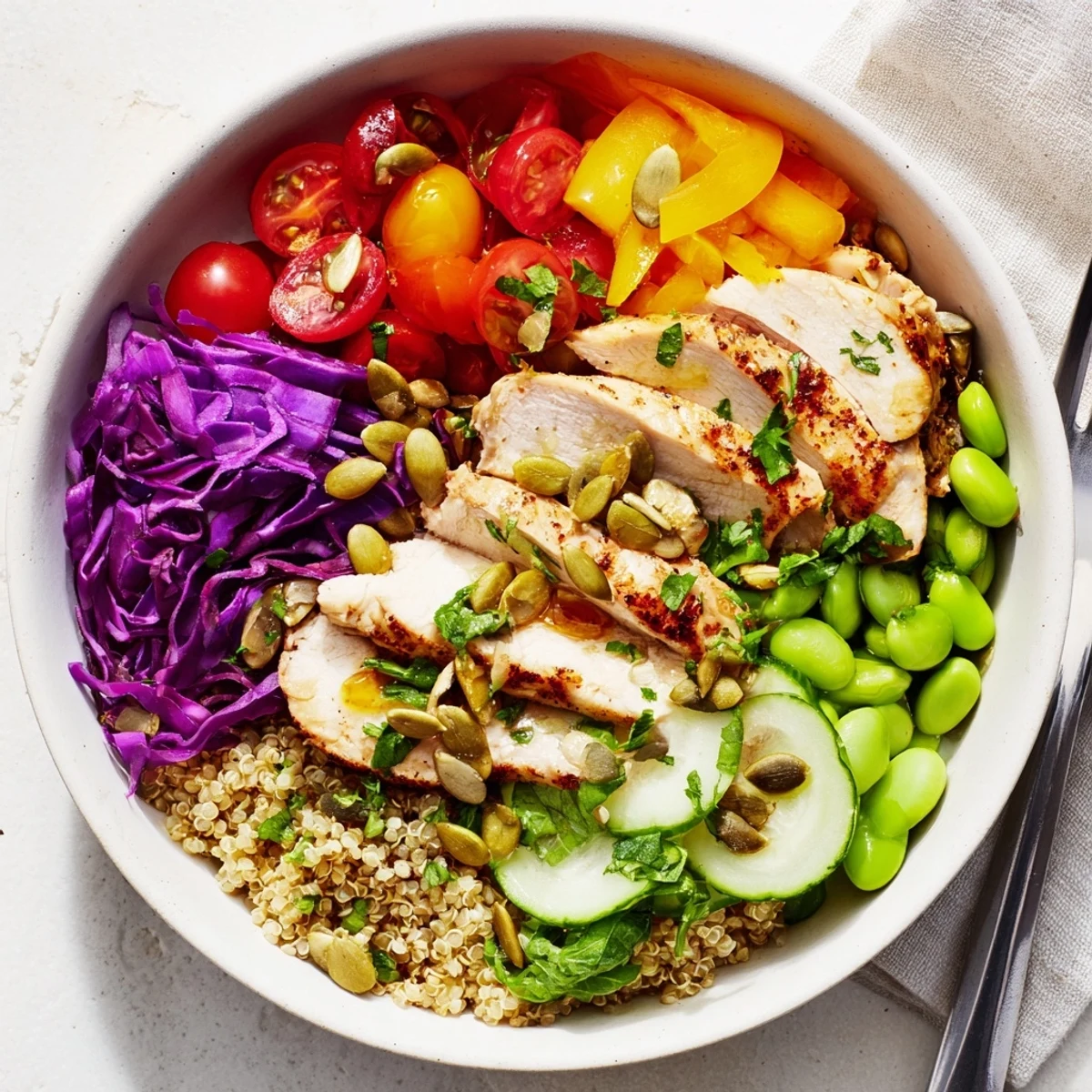 Colorful Healthy Meal-Prep Bowls with layered vegetables and zesty dressing for nutritious dining.  