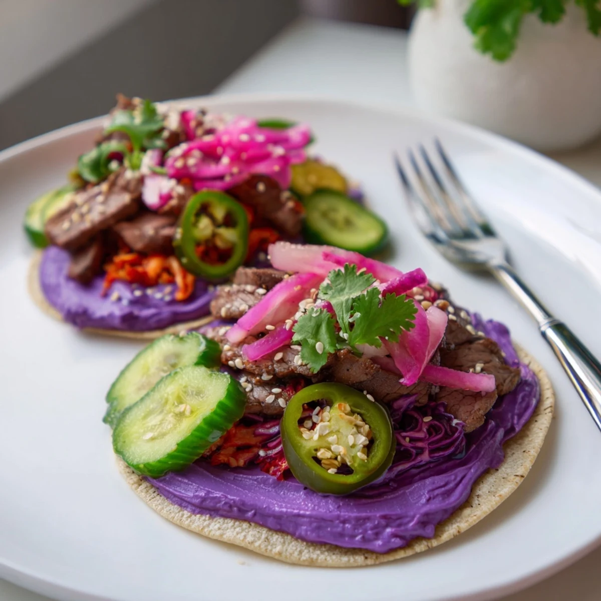 Savory Global Street-Food Fusion Tacos bursting with vibrant colors and rich flavors.  