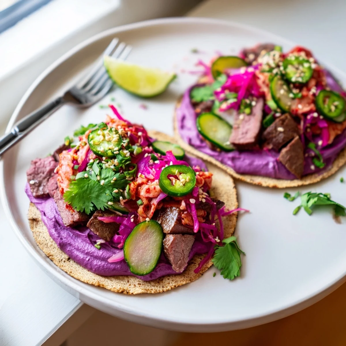 Delicious bowls featuring Global Street-Food Fusion Tacos topped with fresh ingredients and ube crema.  