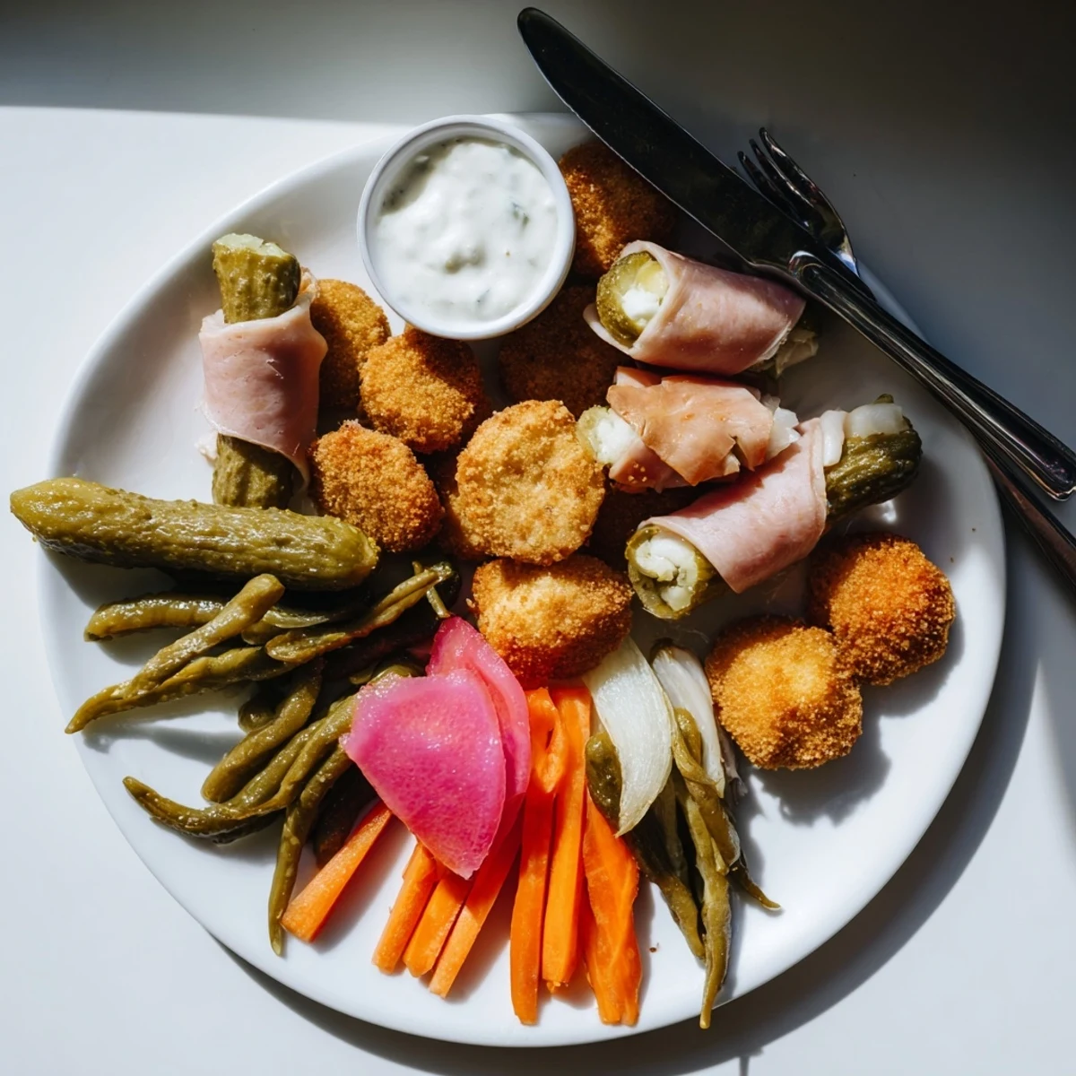 Crispy fried pickles highlighted in a colorful pickle lovers meal platter.  