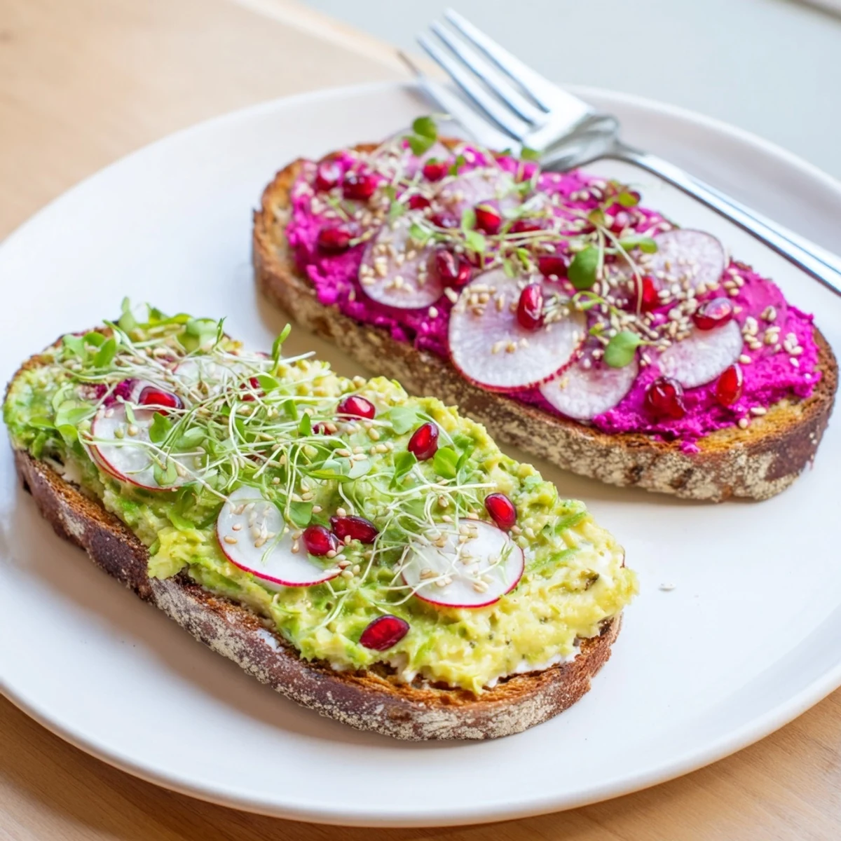 Vibrant Bright & Bold Breakfast Toasts topped with ube, avocado, and fresh garnishes.