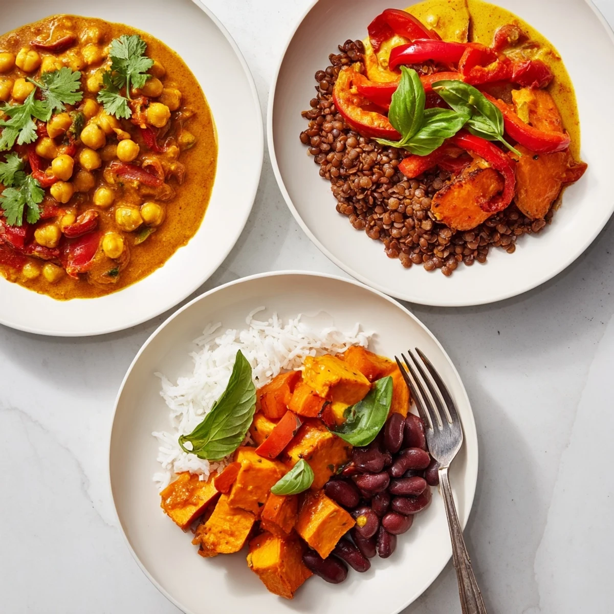 Rich Caribbean Sweet Potato Curry with black beans, elegantly plated and sprinkled with parsley.