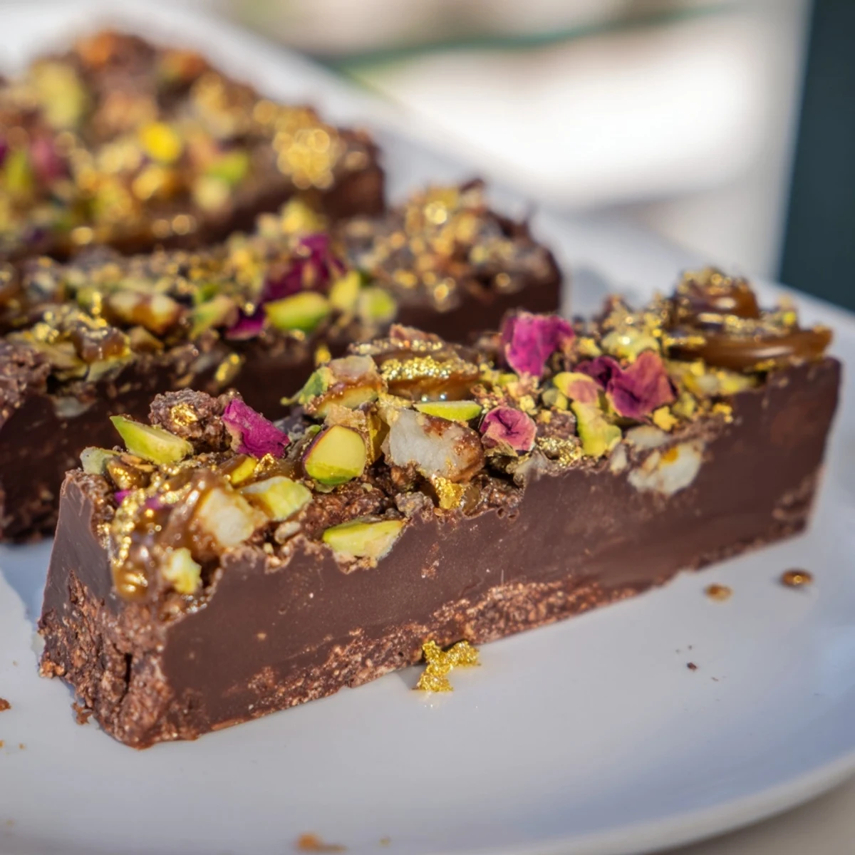Decadent chocolate bar inspired creations topped with spiced date caramel and rose petals.