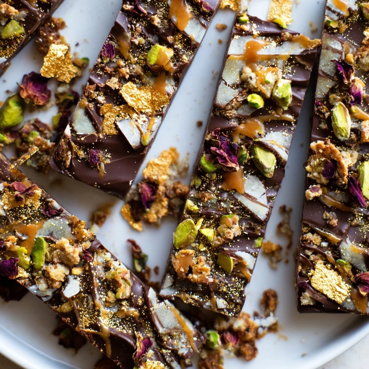 Indulgent chocolate bar inspired dessert layered with crunchy pistachios and toasted coconut.