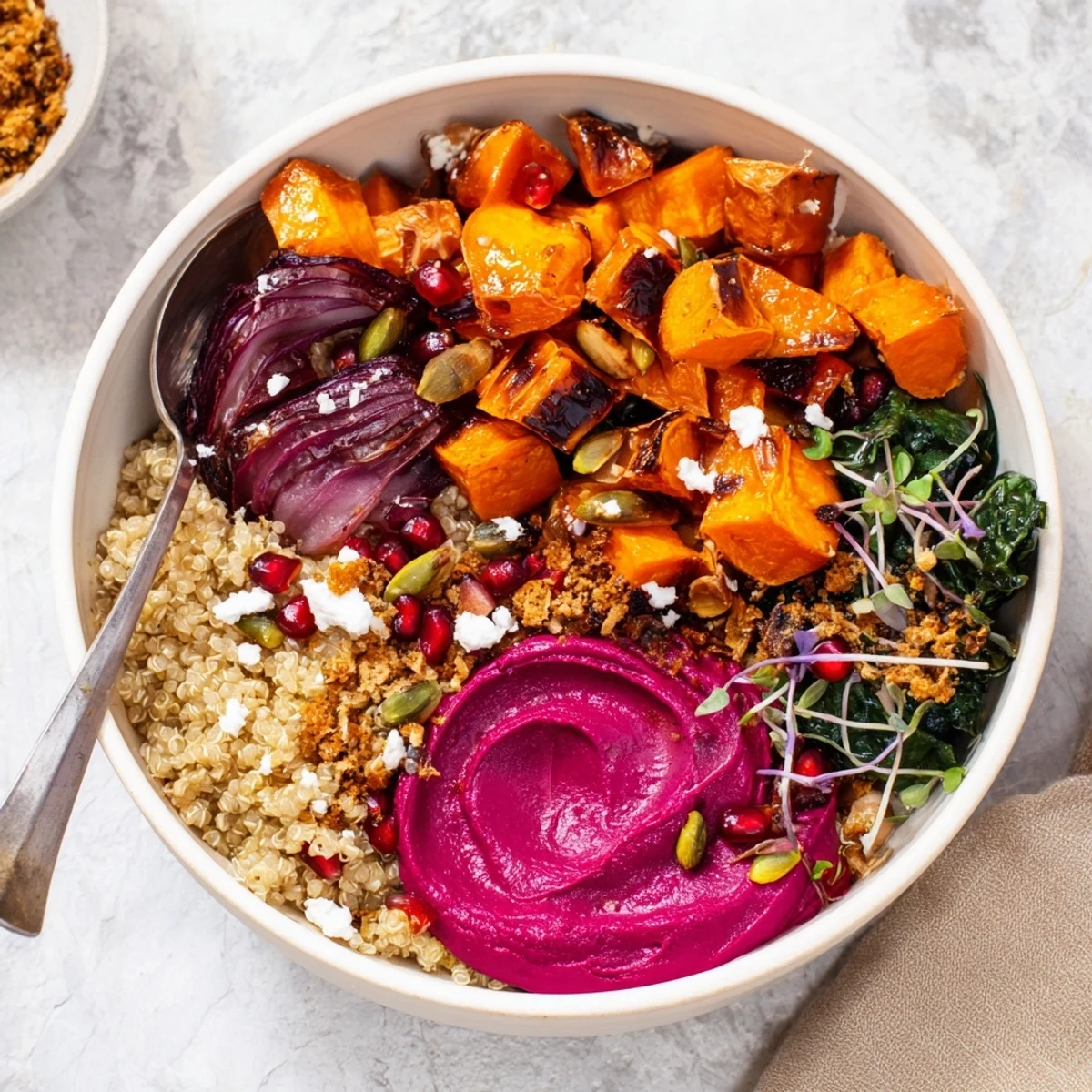 Nutrient-rich spiced winter bowls featuring colorful roasted vegetables and creamy toppings.  