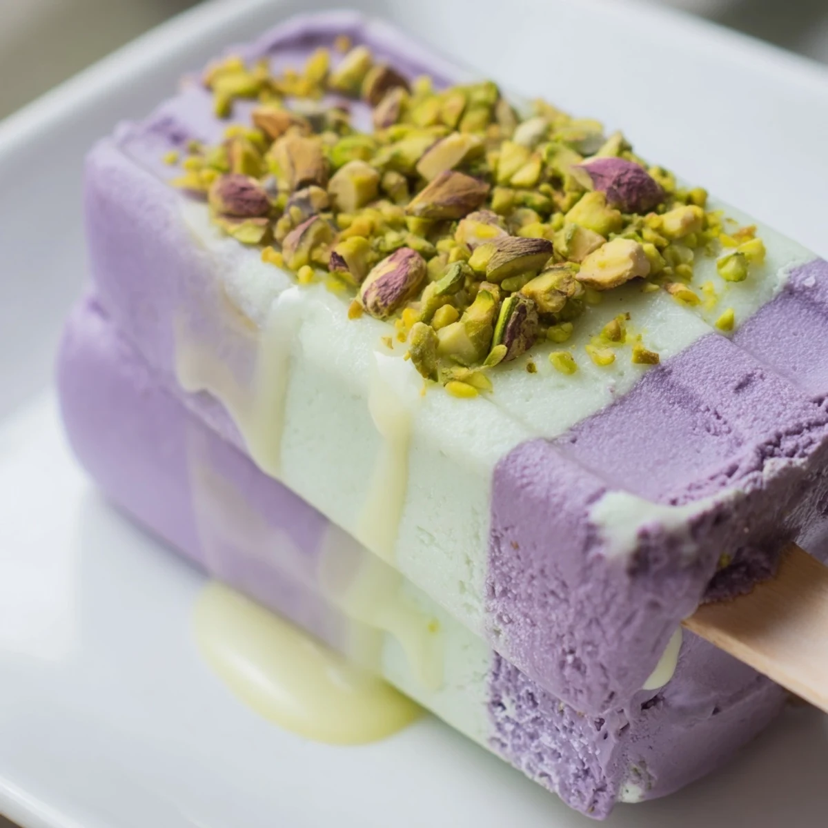 Vibrant ube and nutty pistachio layered ice cream bars drizzled with sweetened condensed milk.  