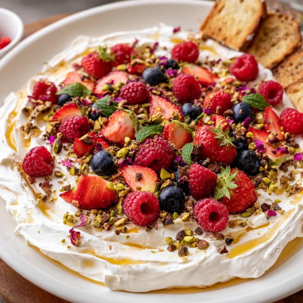 Delicious Butter Board Dessert Version with vibrant berries and honey drizzles.  