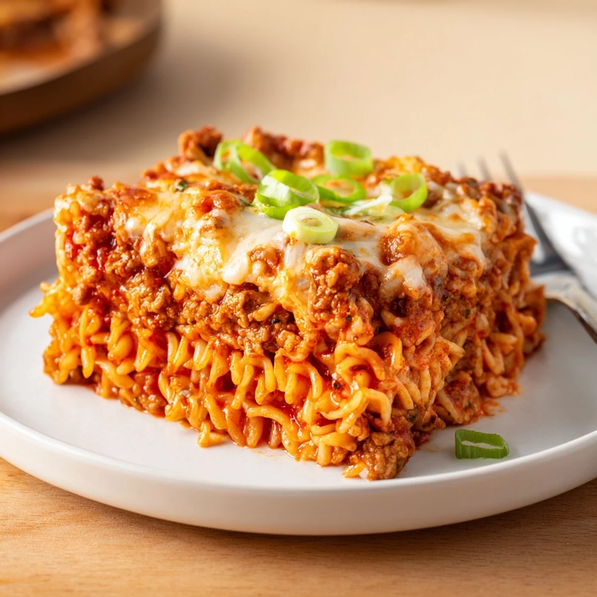 Comforting Spicy Ramen Lasagna topped with melted cheeses and fresh green onion garnish.