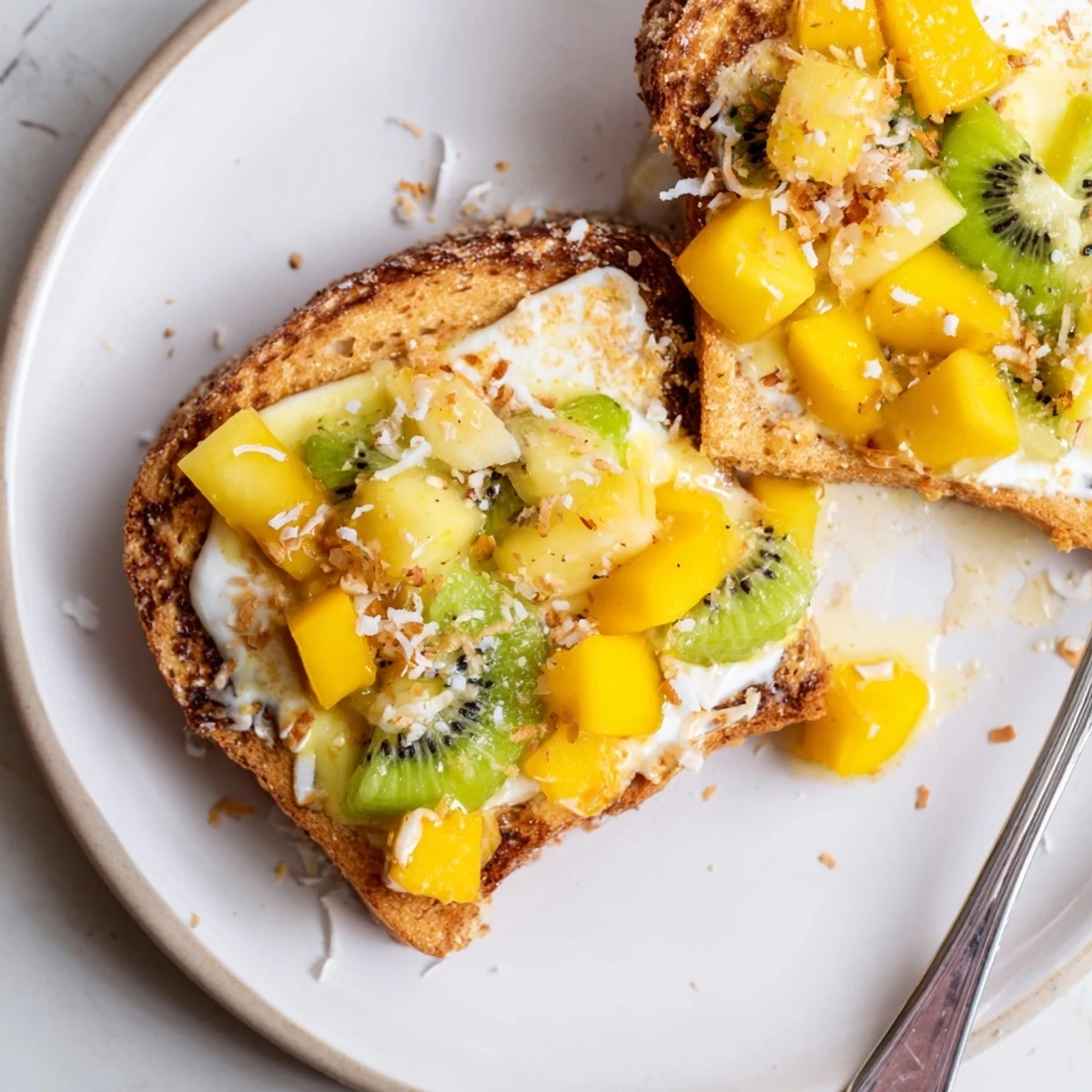 A colorful plate of Yogurt-Custard Toast 2.0 with fresh fruits and honey drizzle.