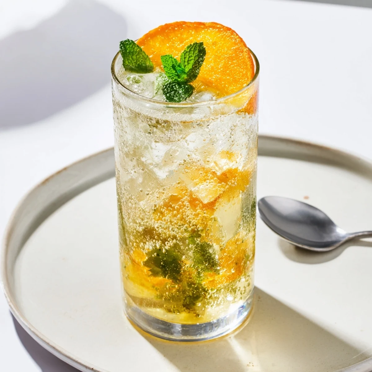 Homemade probiotic soda mocktail garnished with fresh mint for a zesty sip.  