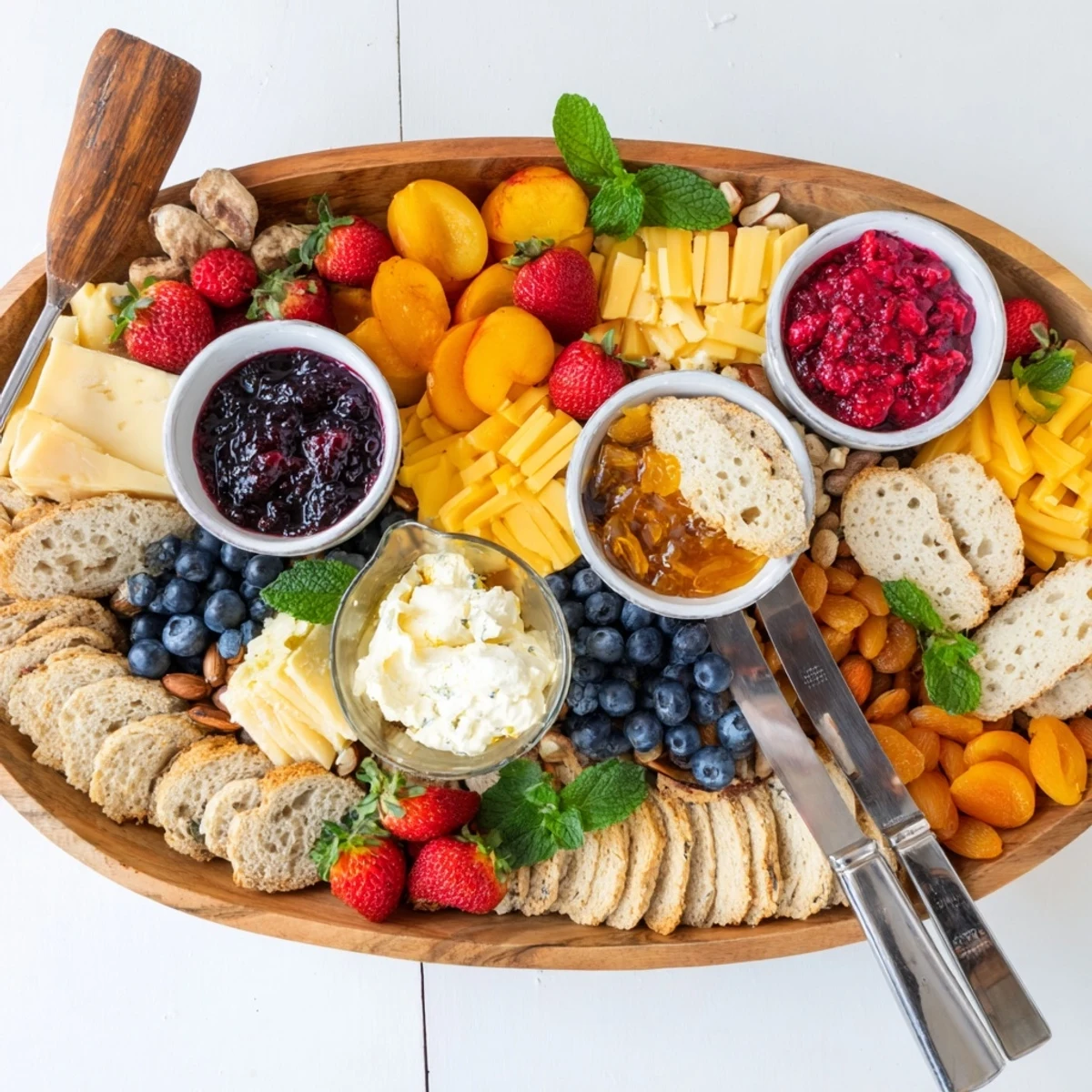 Gourmet brunch board with strawberry jam, assorted cheeses, and fresh seasonal fruits.