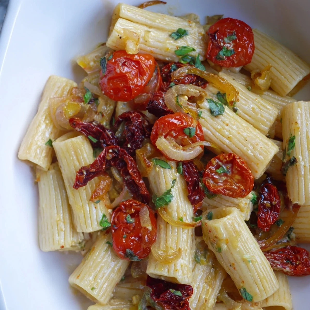 Creamy baked feta pasta with caramelized onions and sun-dried tomatoes, served warm.  