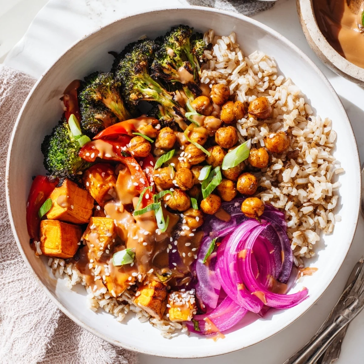Vibrant Bold Sauce Drizzle Bowls topped with roasted veggies and flavorful sauces.  