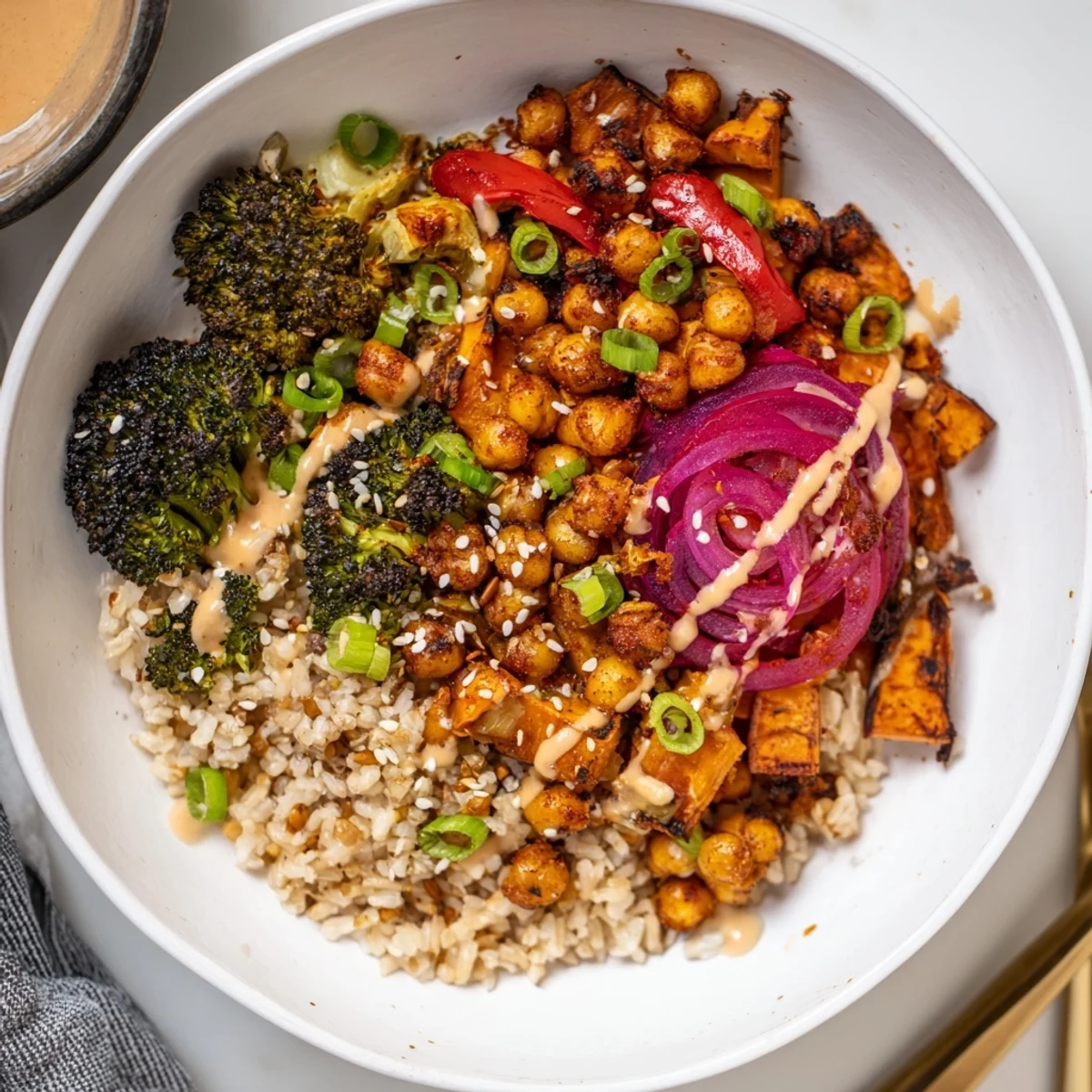 Satisfying Bold Sauce Drizzle Bowls featuring roasted chickpeas and colorful vegetables.