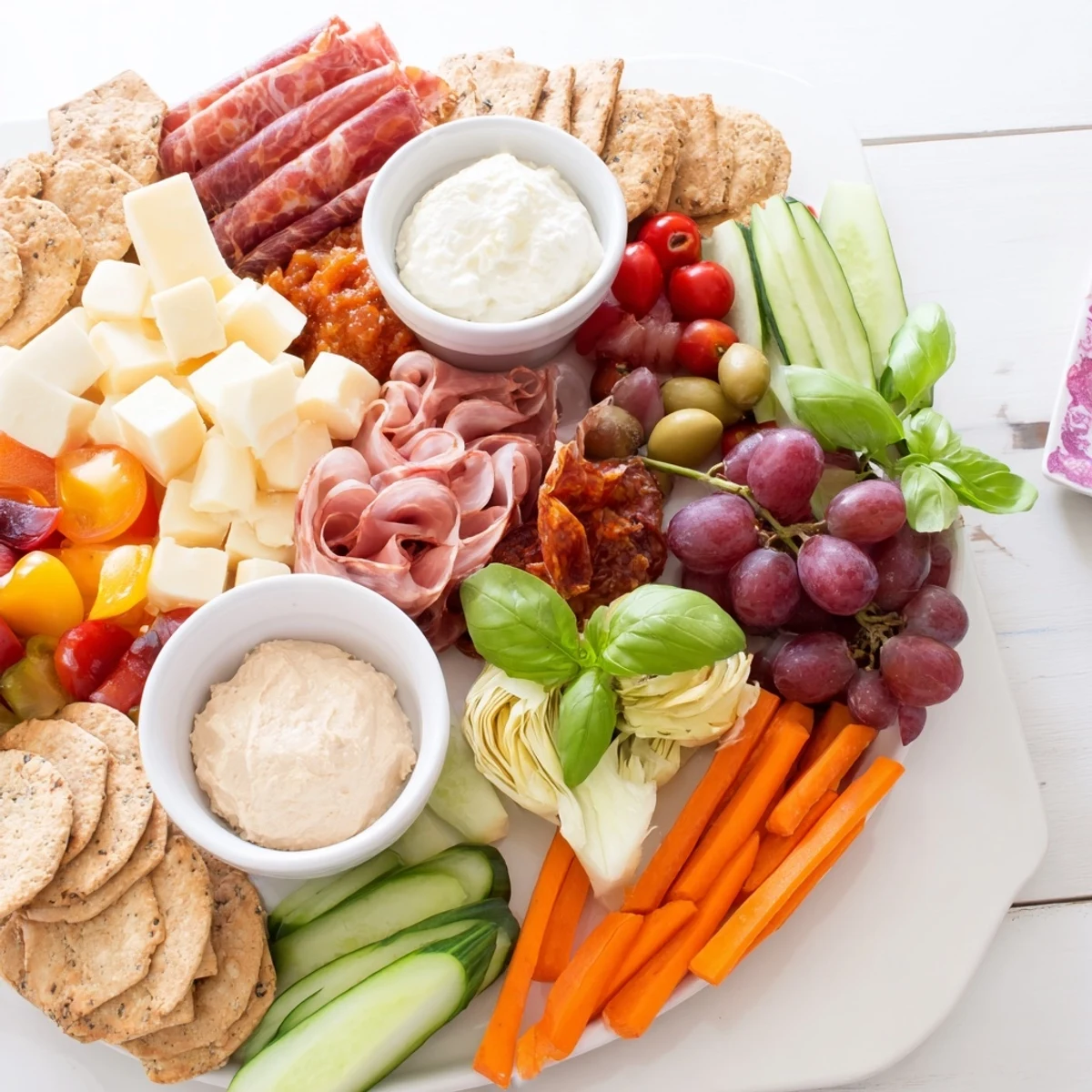 Vibrant girl dinner platter showcasing cheeses, fruits, and colorful dips for sharing.  