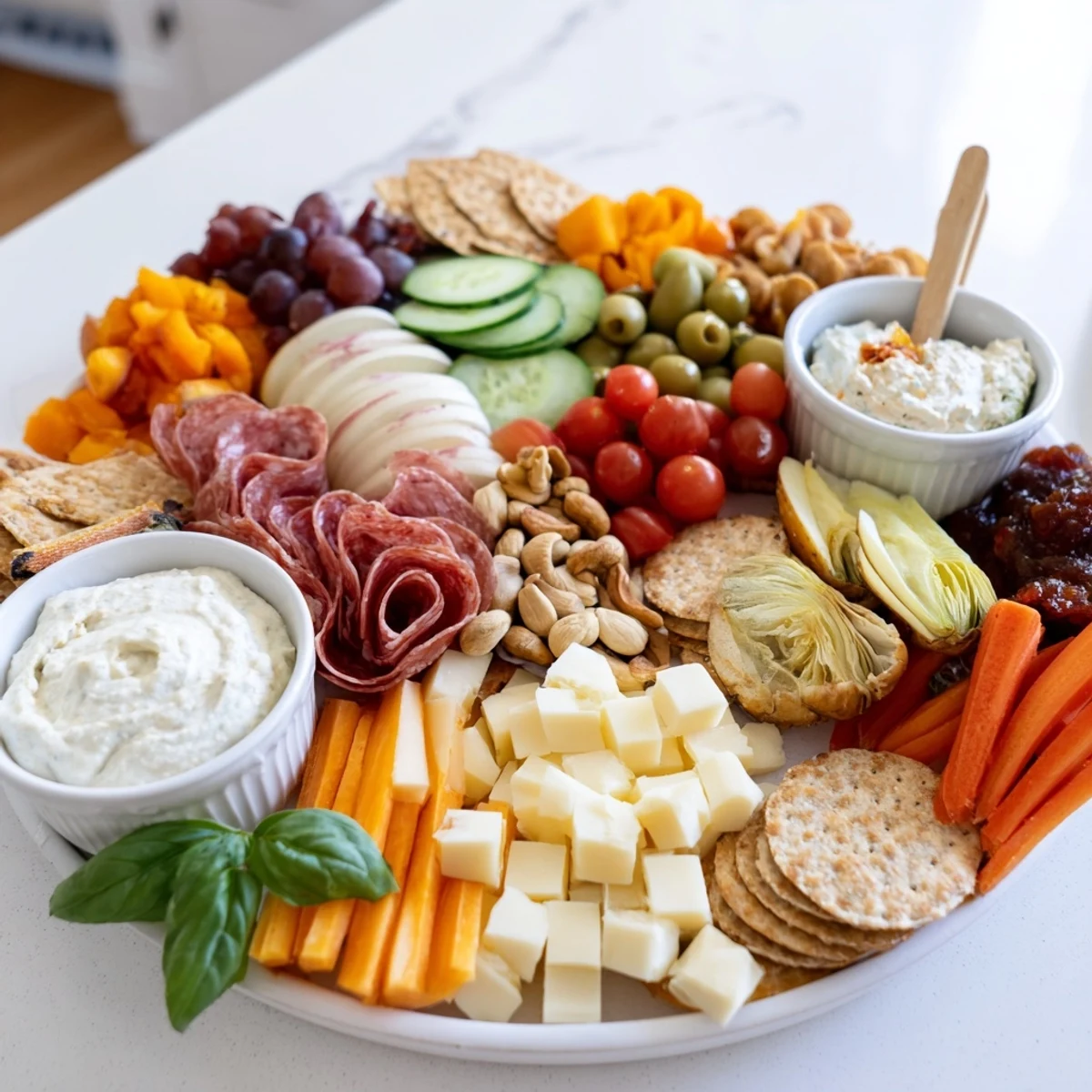 Delightful girl dinner platter filled with snacks, fresh veggies, and creamy cheeses.  