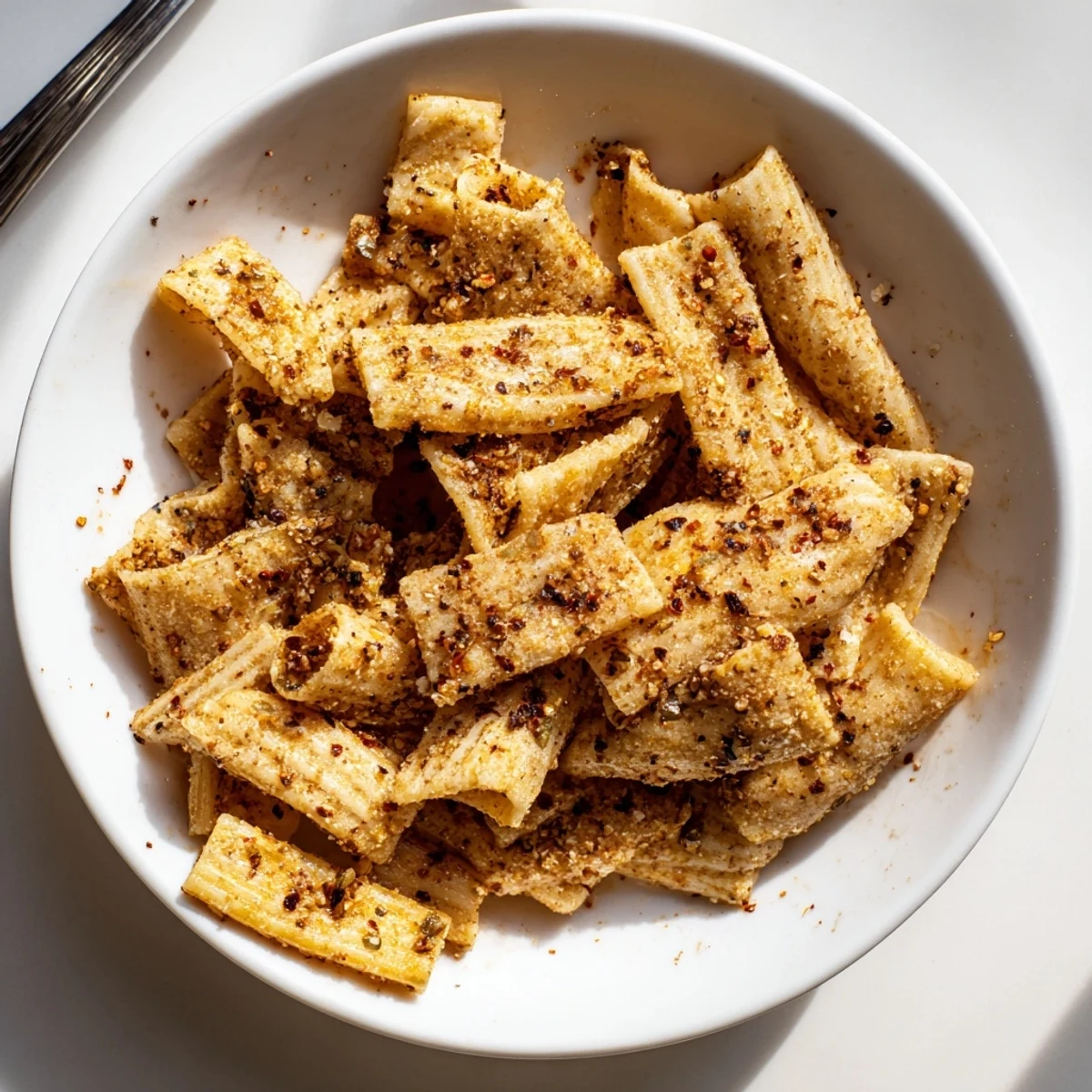 Crispy pasta chips seasoned with herbs and spices, perfect for snacking.  