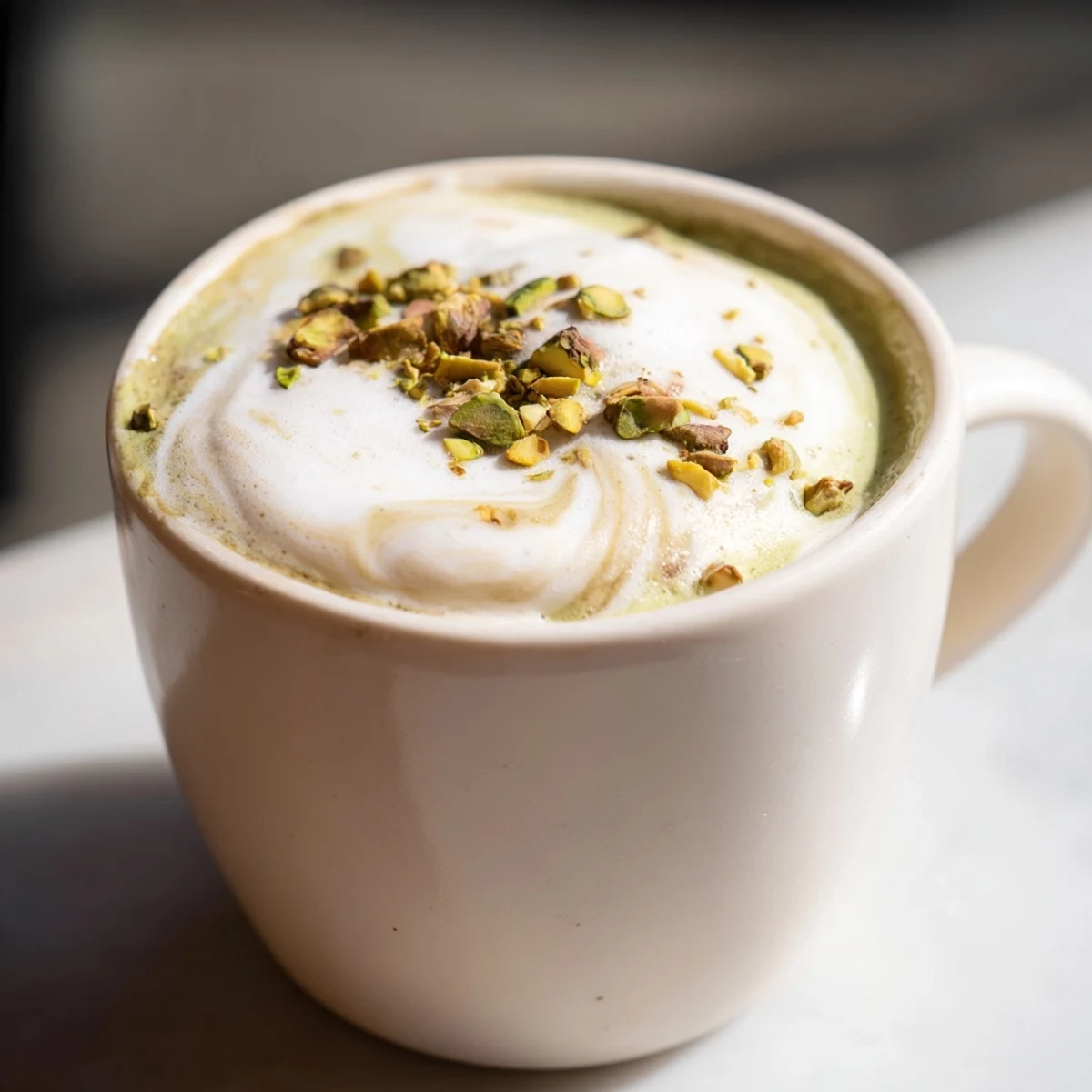 Delicious pistachio milk latte garnished with pistachios, blending rich flavors and aromas.