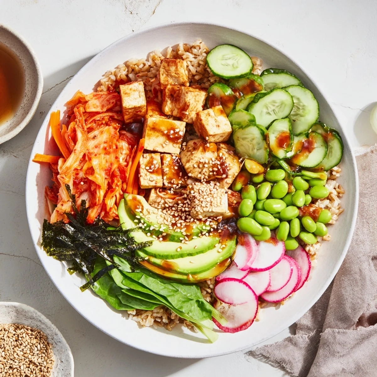 A colorful fermented vegetable bowl topped with tangy kimchi and fresh greens.  