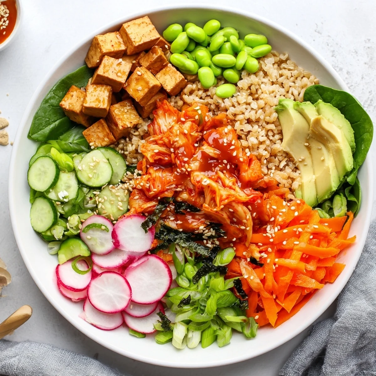 Vibrant fermented vegetable bowl featuring quinoa, kimchi, and bright fresh veggies.  