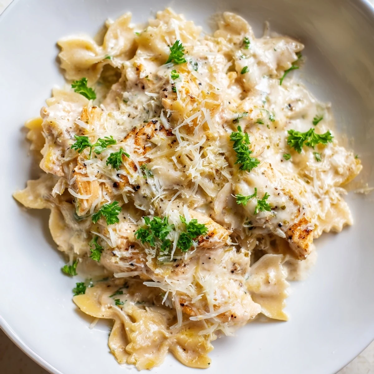 Tender Mozzarella Garlic Butter Chicken Bowties served with creamy sauce and herbs.  