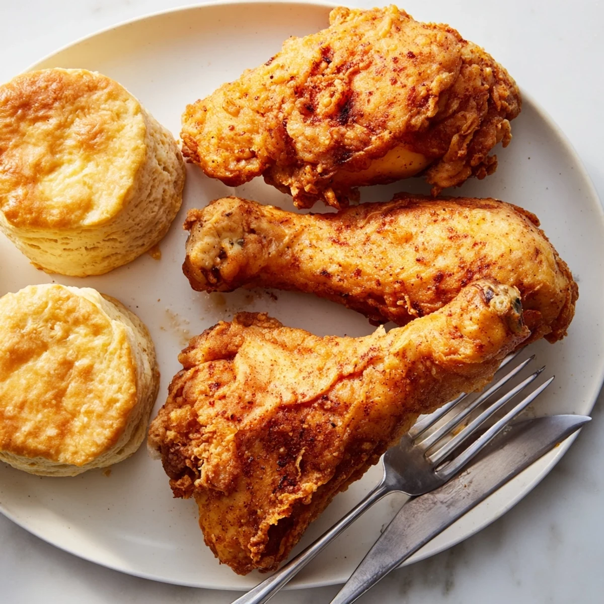 Crispy Southern fried chicken served with fluffy buttermilk biscuits, ideal for gatherings.  