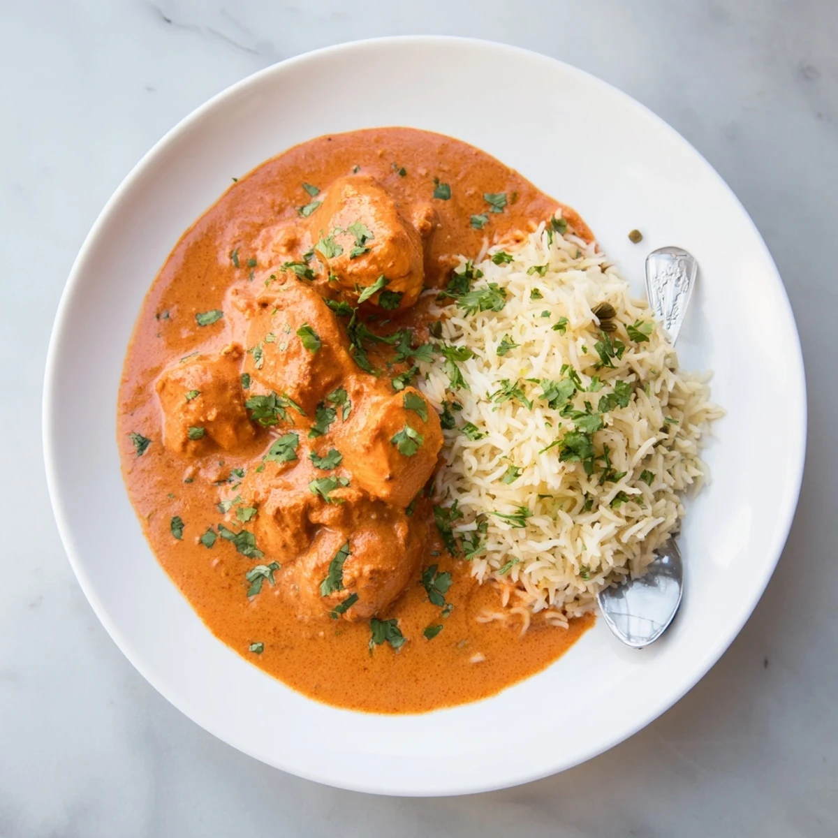 Succulent butter chicken simmering in creamy tomato sauce served with fragrant rice pilaf.  