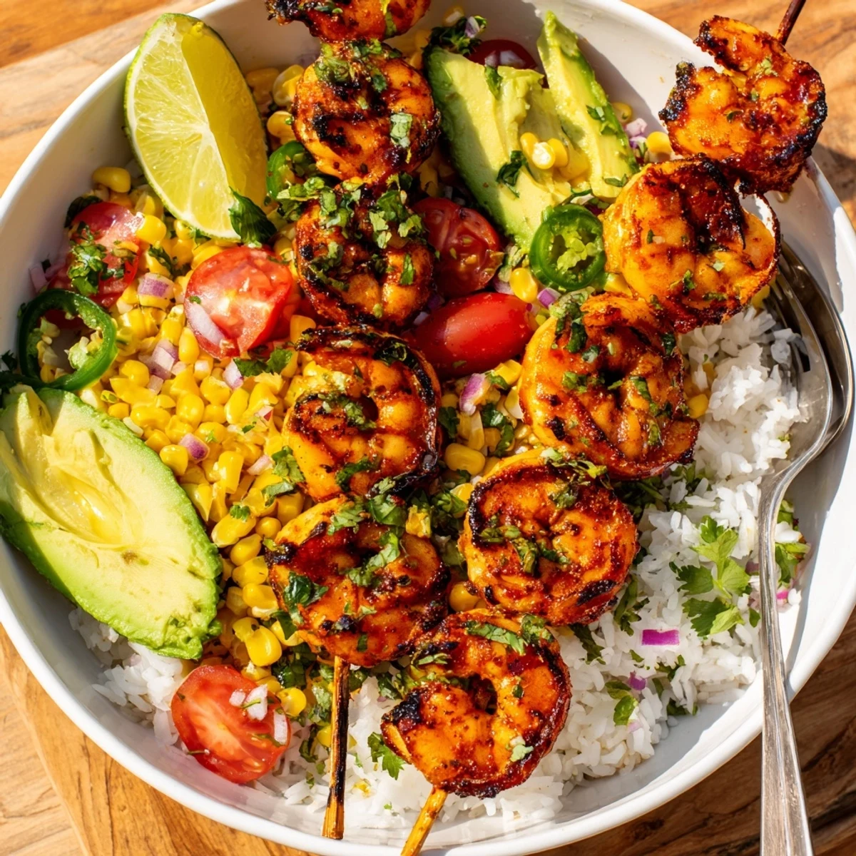 Colorful Easy Grilled Shrimp Bowl bursting with flavors of lime and fresh ingredients.