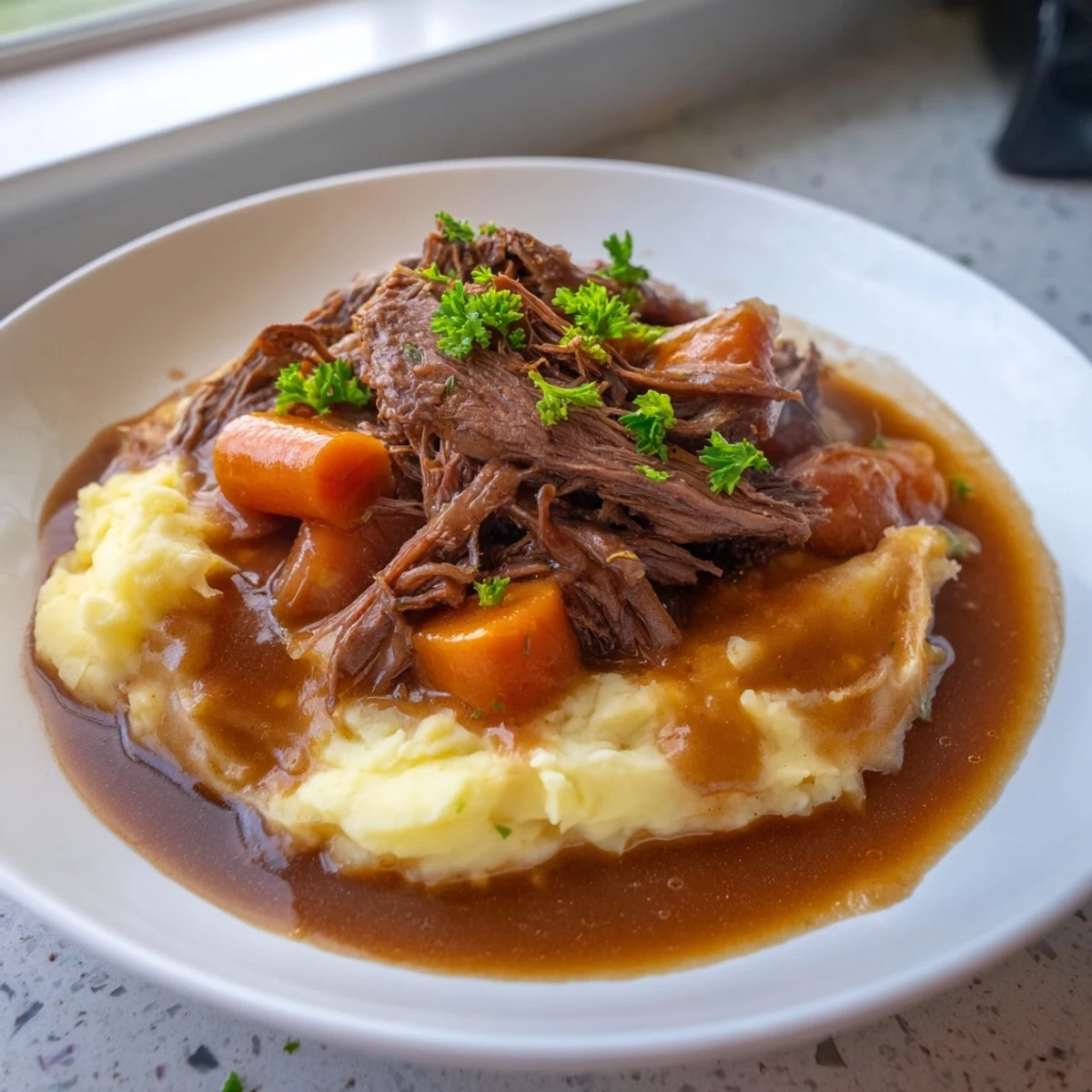 Fork-tender Slow Cooker Pot Roast, glistening with rich gravy, ready to be served.