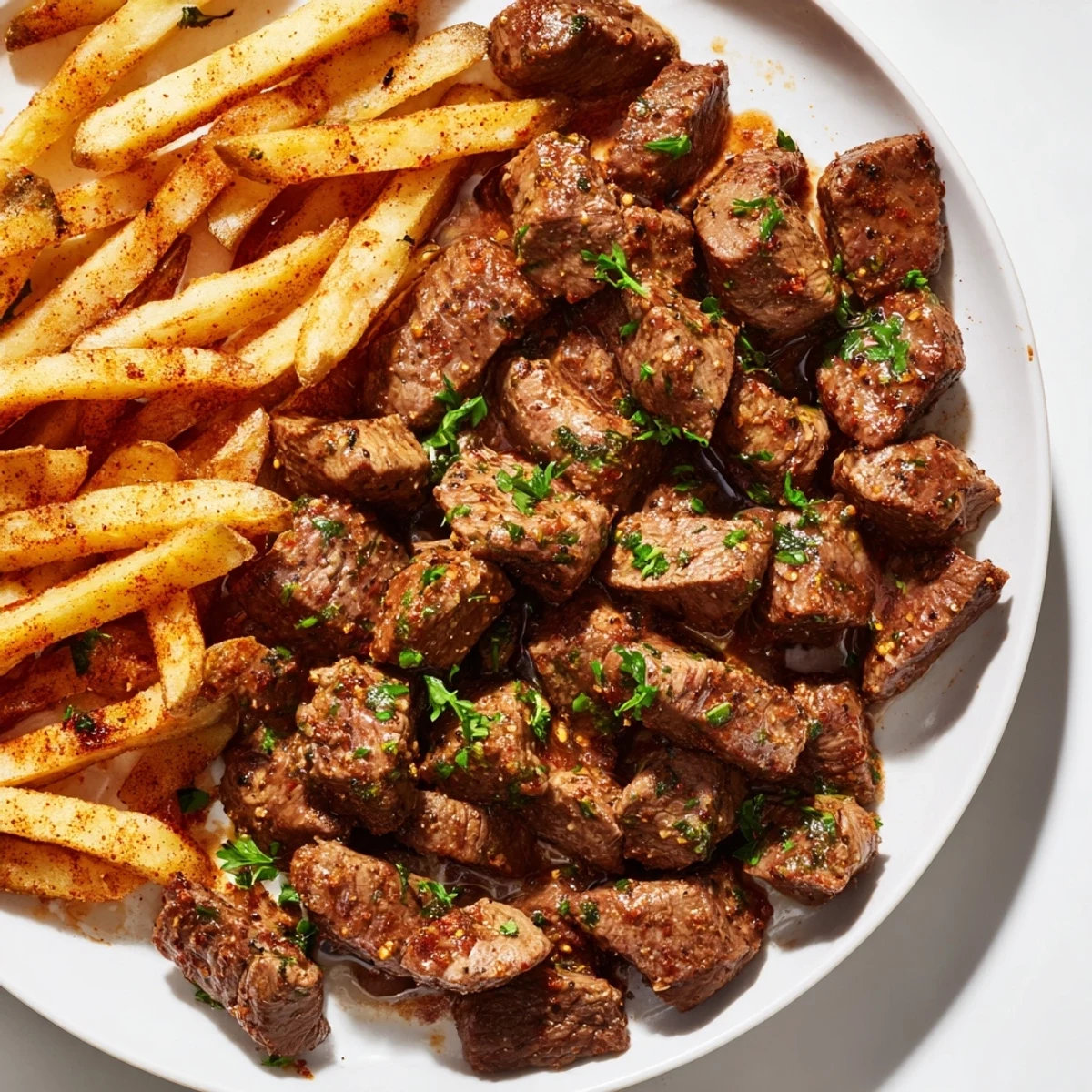 Imagine tender Blackened Cajun Steak Bites, richly seasoned, next to a generous pile of hot, golden fries.