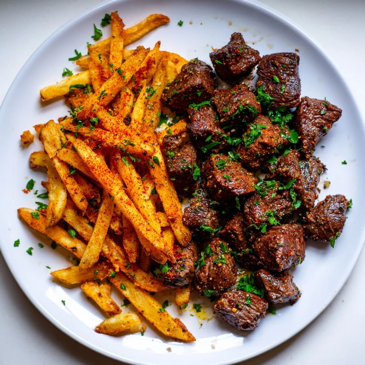 Golden, perfectly fried potatoes accompany the spicy, seared Blackened Cajun Steak Bites, a delicious combo.