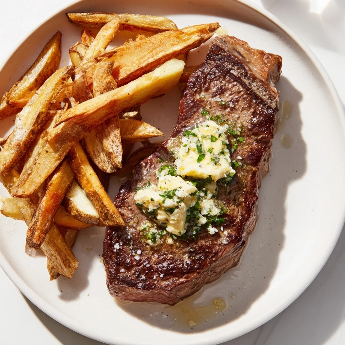 Sizzling Steakhouse Garlic Butter Steak & Fries, showcasing a perfectly cooked steak alongside golden, crispy fries.