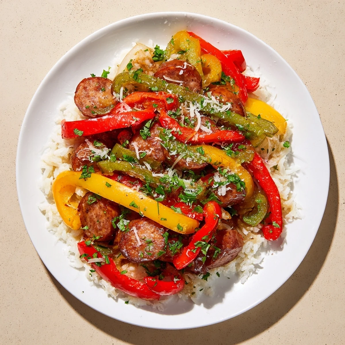 Steaming Italian Sausage & Peppers Rice Plate, glistening with olive oil, ready for a comforting meal.