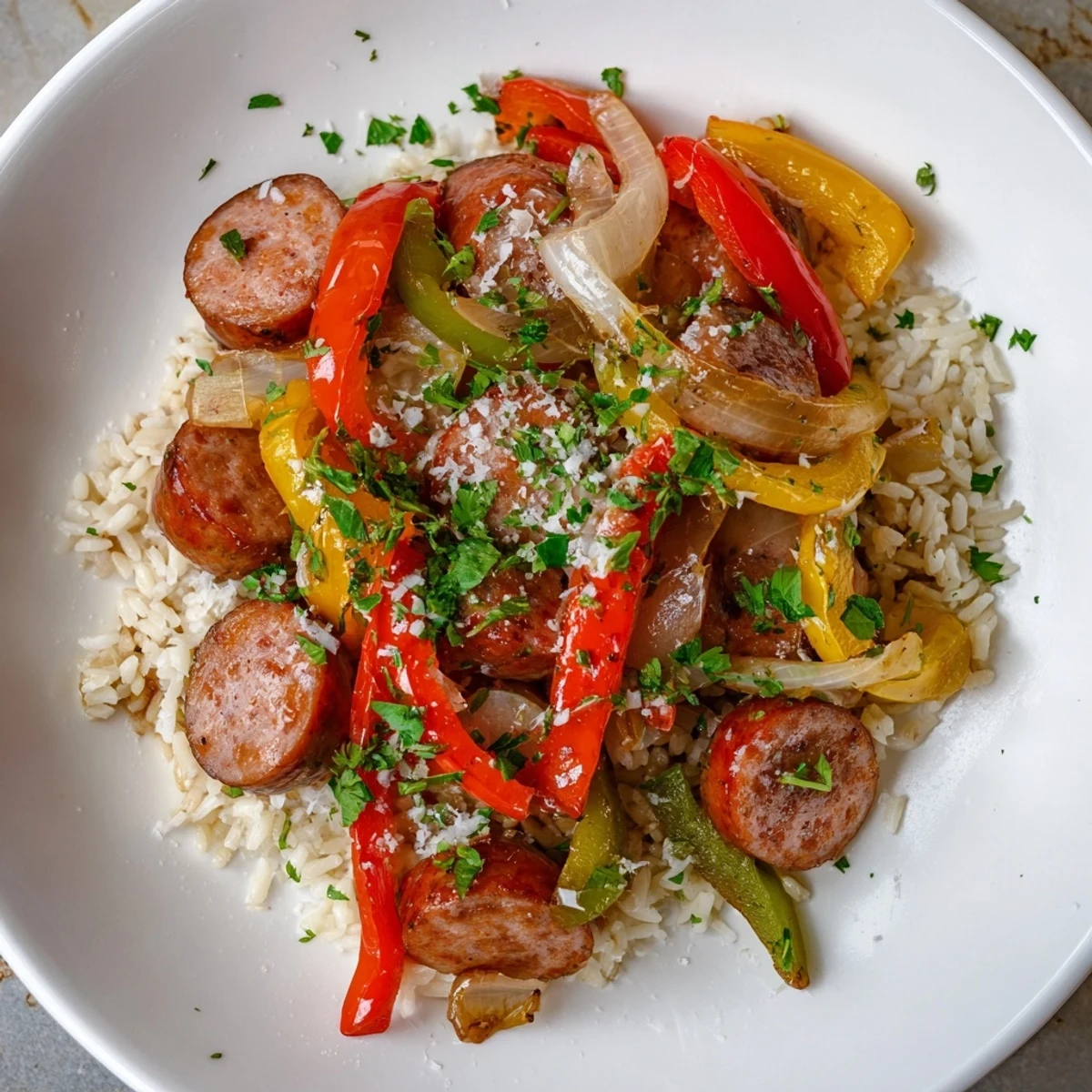 Warm and savory Italian Sausage & Peppers Rice Plate, served with fresh parsley, looks absolutely delicious.