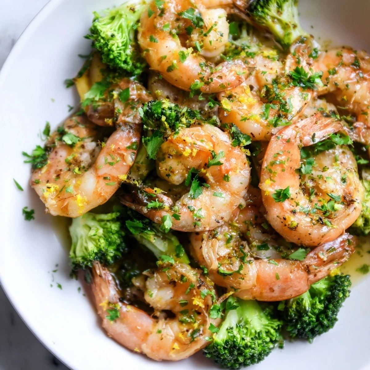 Tender Lemon Butter Shrimp & Broccoli, perfectly cooked, is served with a vibrant lemon wedge on the side.
