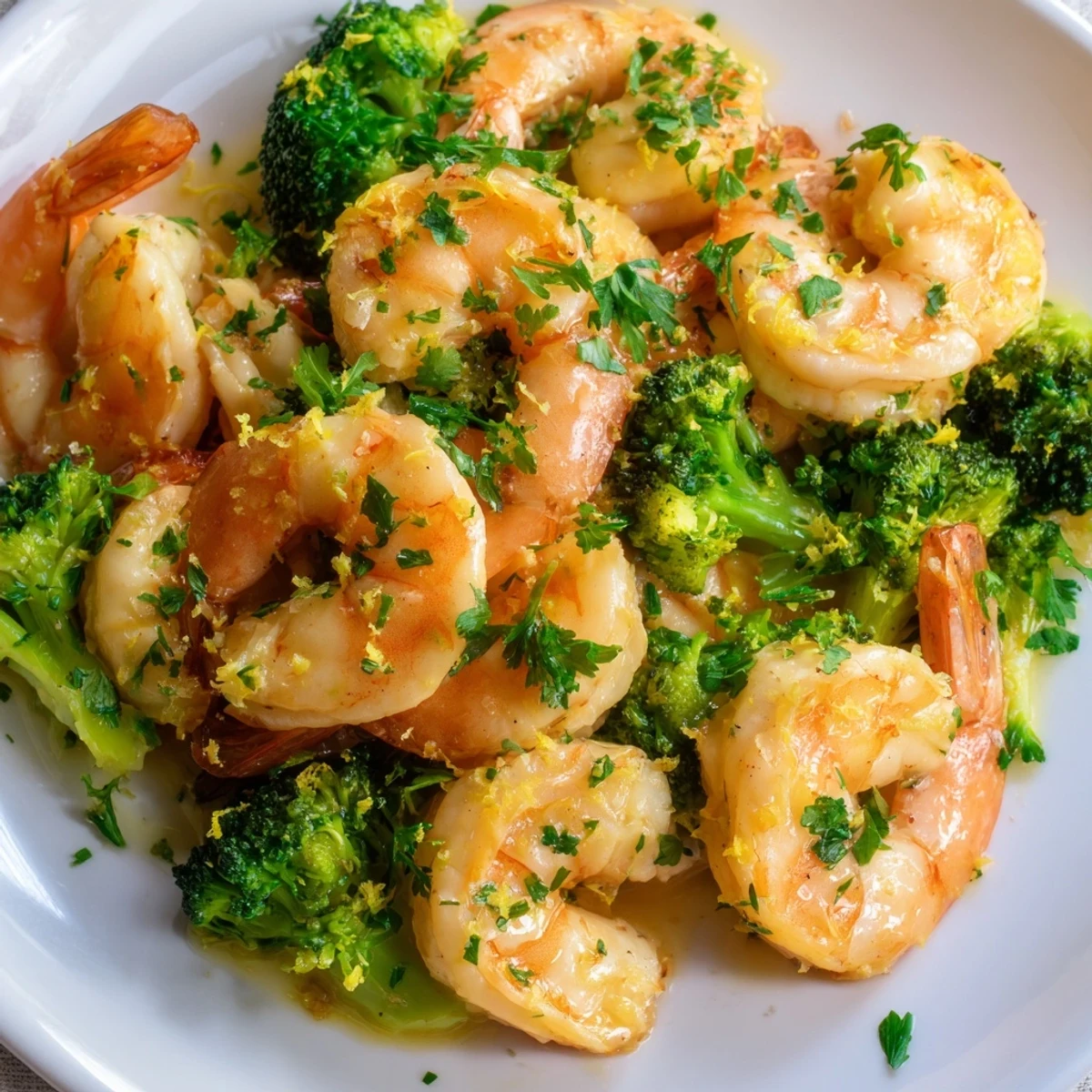 A close-up shot of Lemon Butter Shrimp & Broccoli showcases the glistening shrimp and bright green broccoli florets.