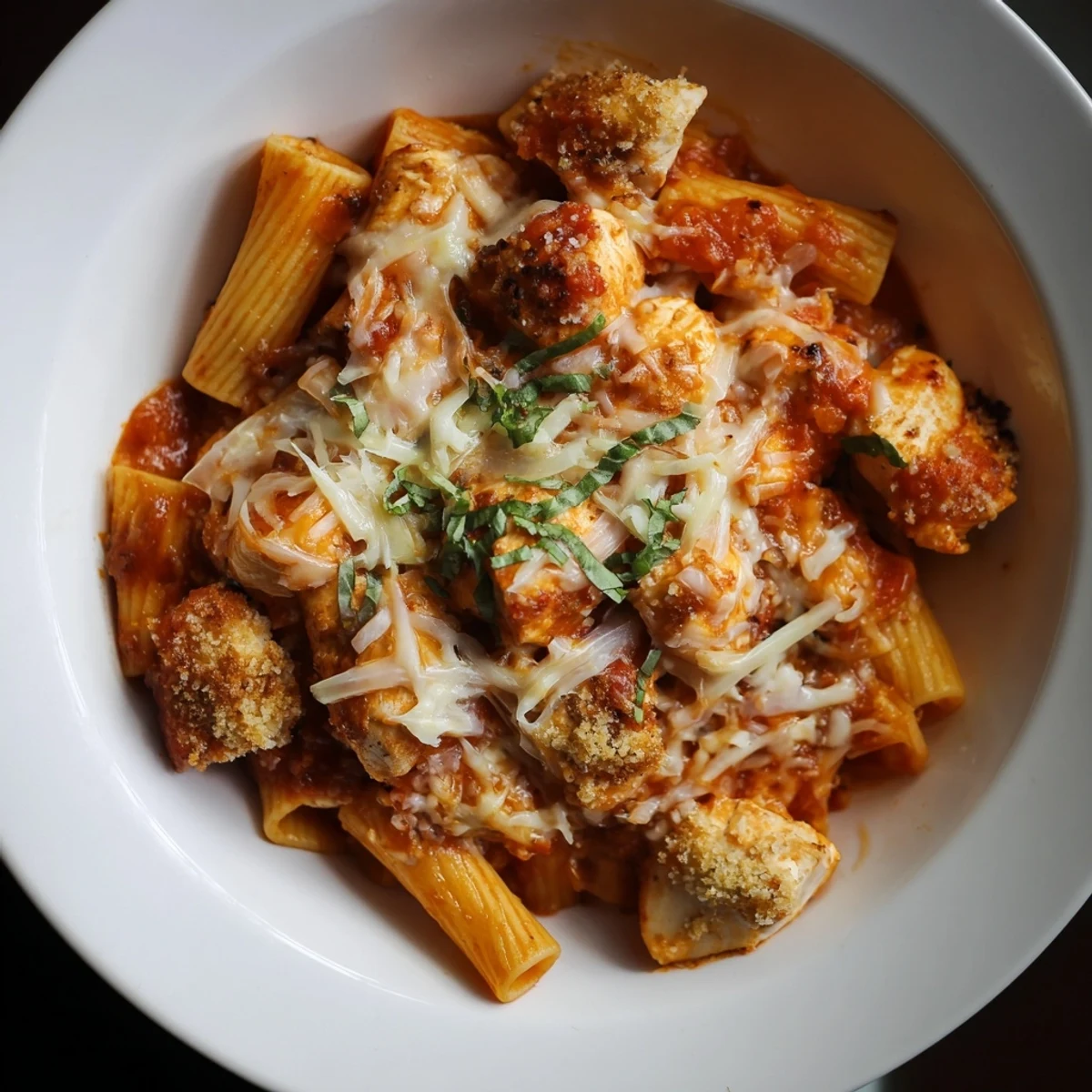 Golden, bubbly Baked Chicken Parmesan Pasta, ready to serve with fresh herbs, is a satisfying meal.