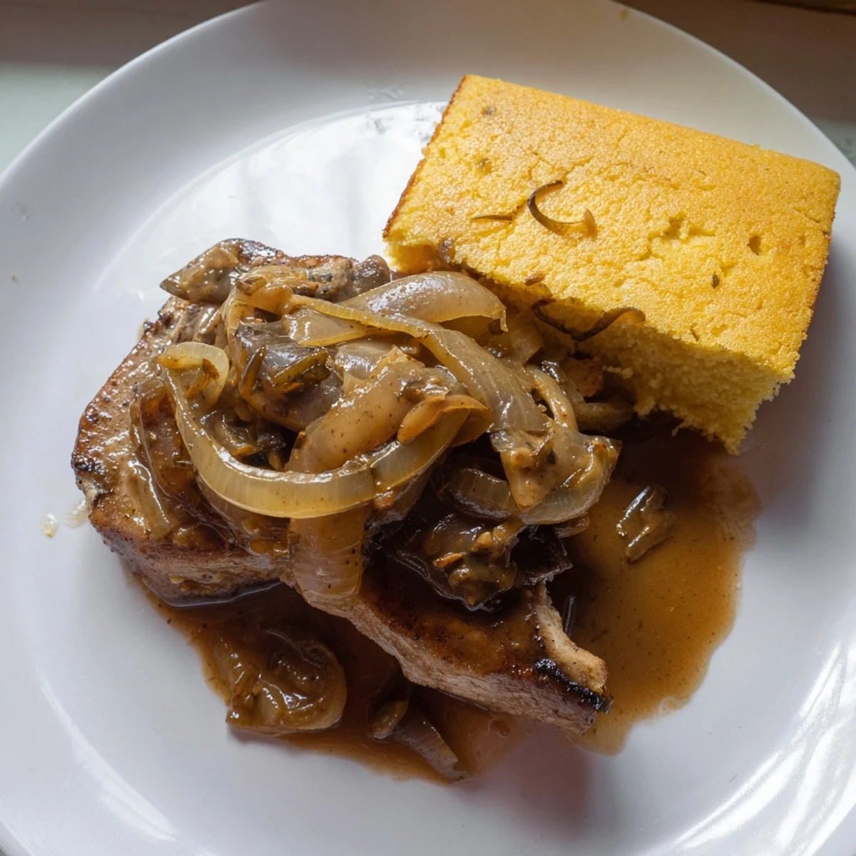 A close-up of a plate with savory smothered pork chops, gravy, and warm, crumbly cornbread.