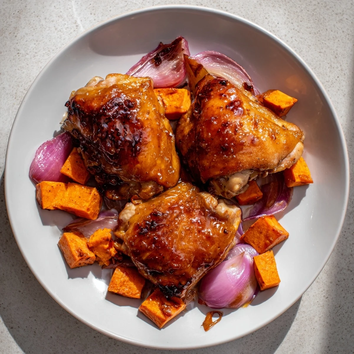 A close-up of a bubbling Maple Glazed Chicken & Sweet Potato Bake, showing glistening glaze.