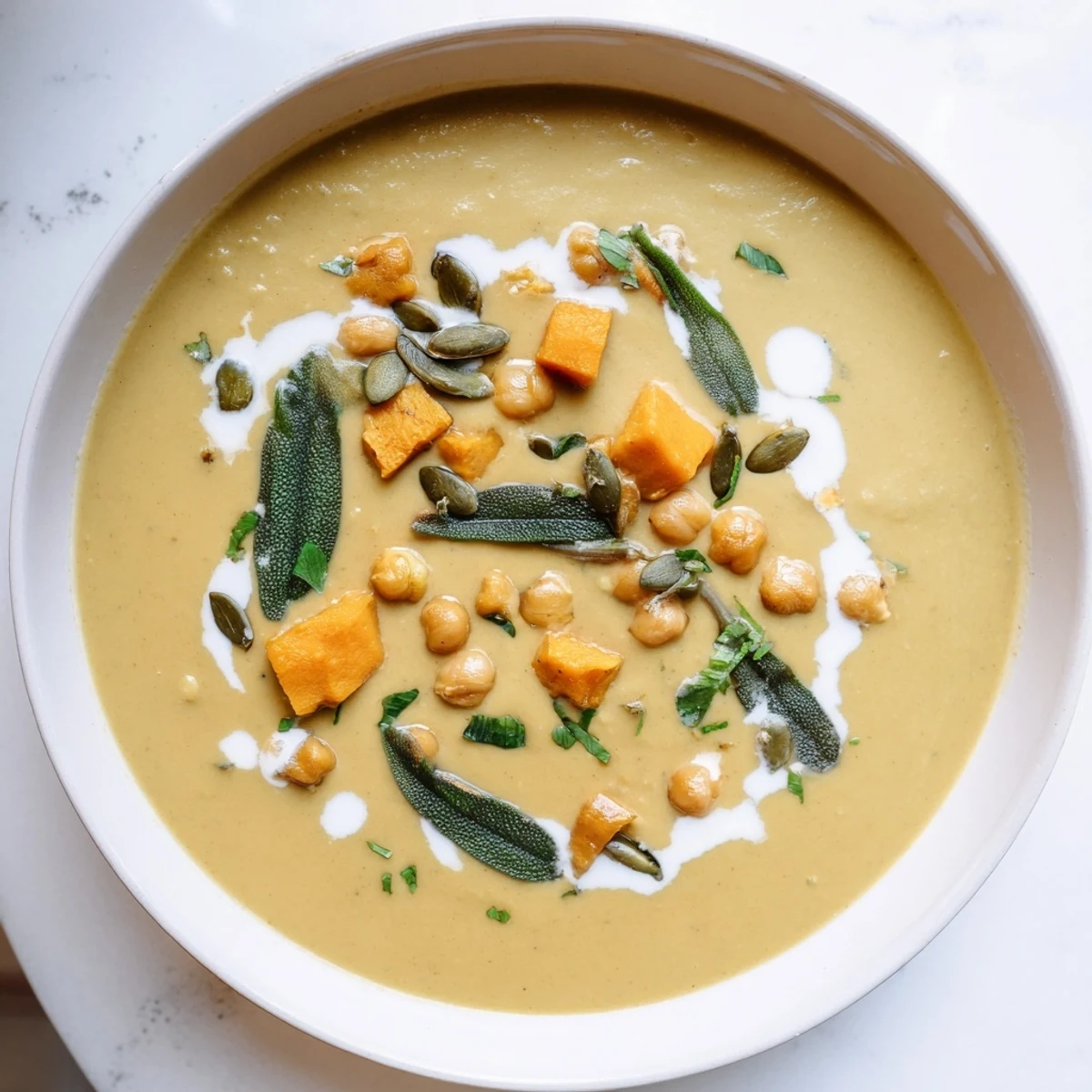 Steaming bowl of Chickpea Pumpkin & Sage Soup: rich flavors from roasted pumpkin and fresh sage.