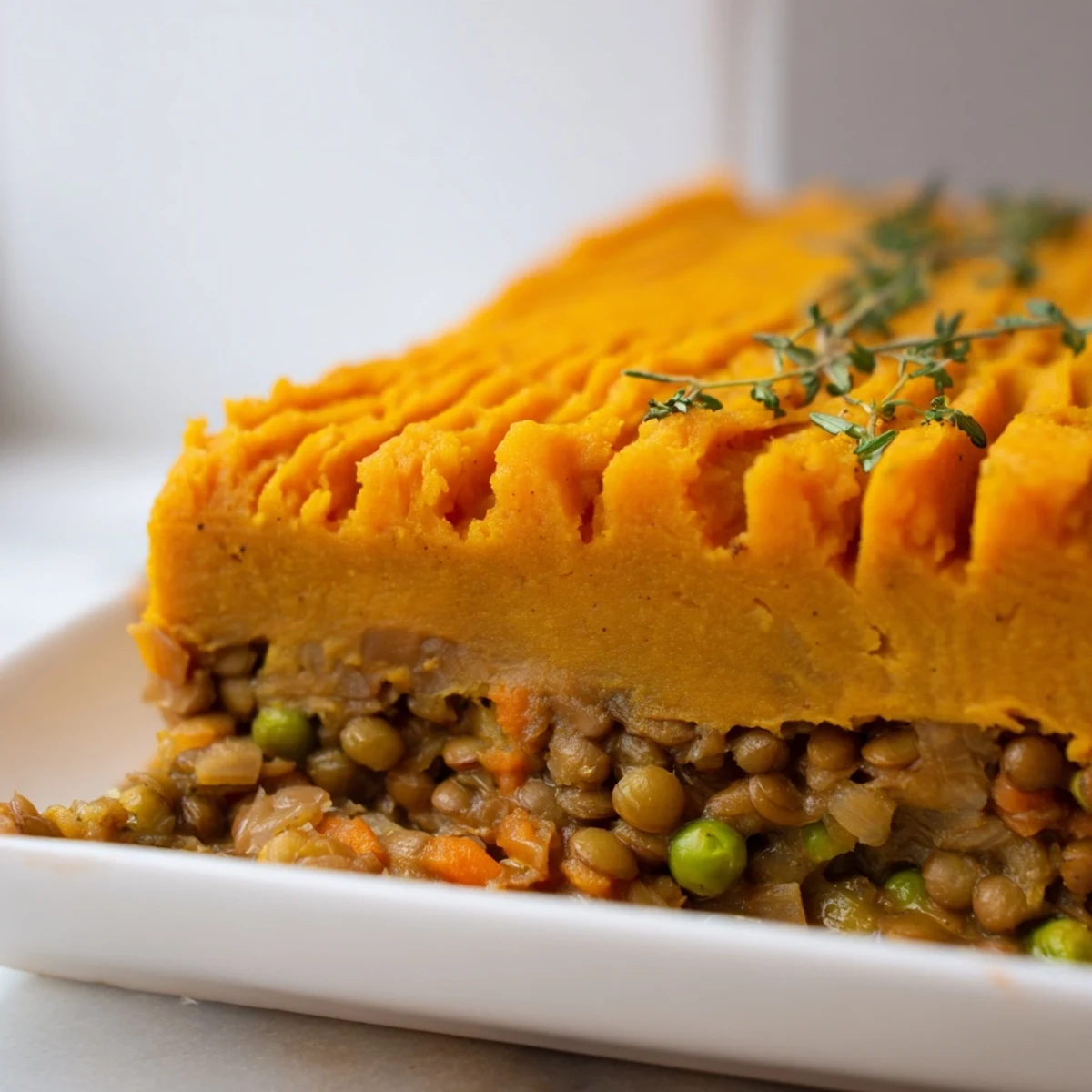 Hearty Veggie Shepherd's Pie with Lentils: savory lentil filling topped with fluffy sweet potato mash.