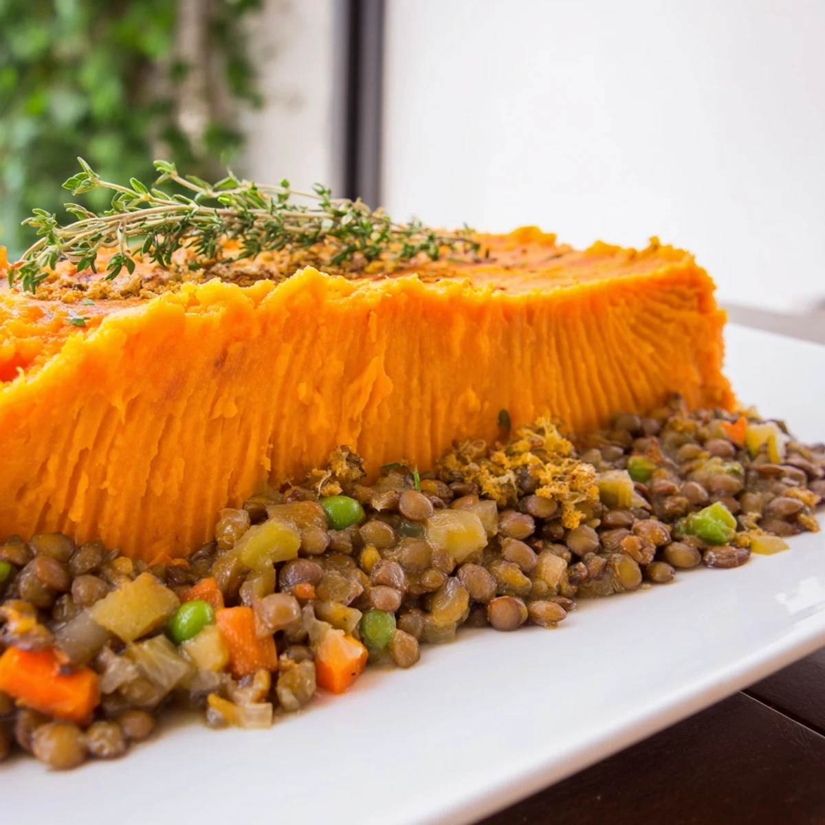 Golden-brown Veggie Shepherd's Pie: a warm, comforting vegetarian dish of lentils and sweet potatoes.