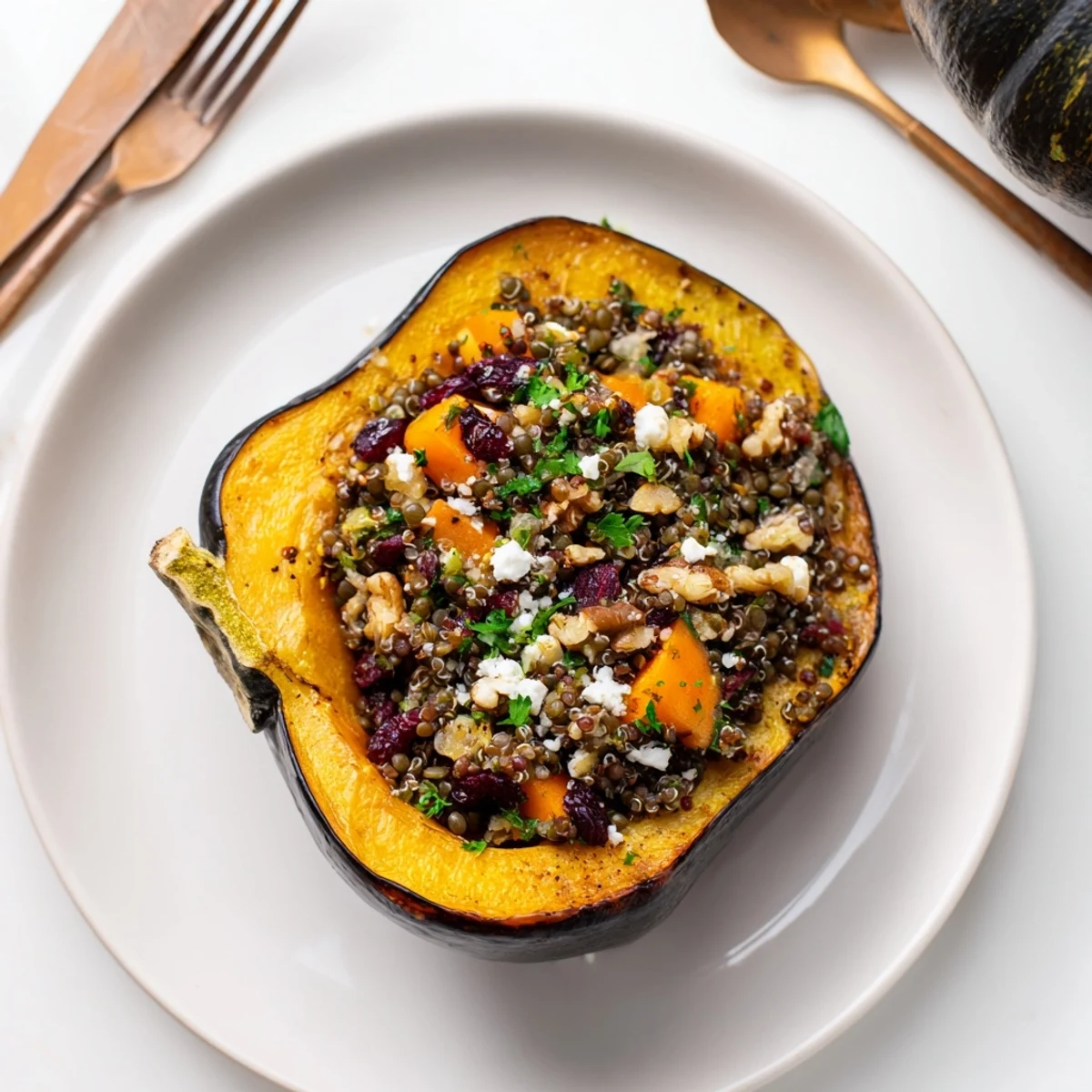 Golden-brown Lentil & Walnut Stuffed Acorn Squash, a visual feast with savory filling and tender squash.