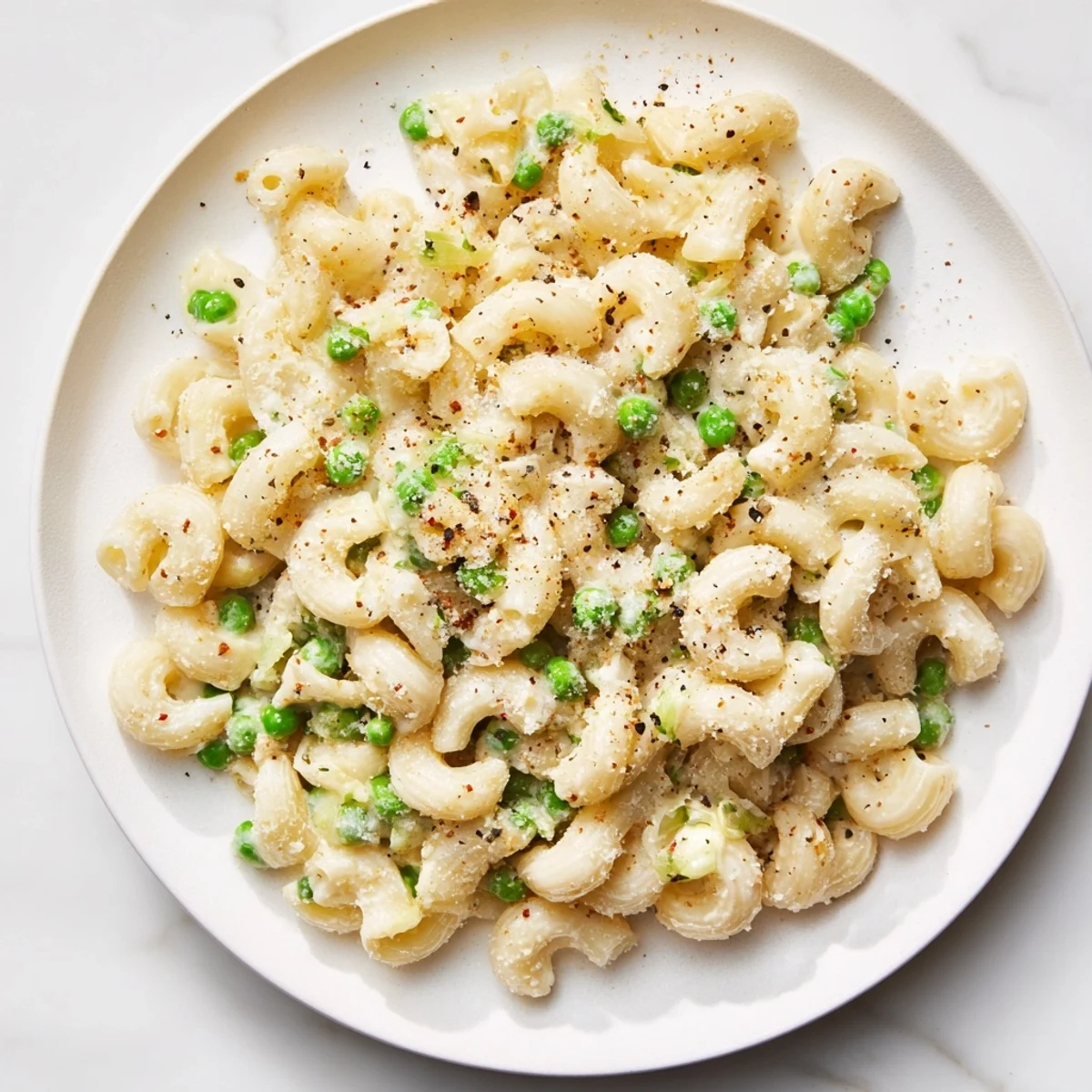 Homemade macaroni and peas, a comforting weeknight meal with a warm, inviting aroma.