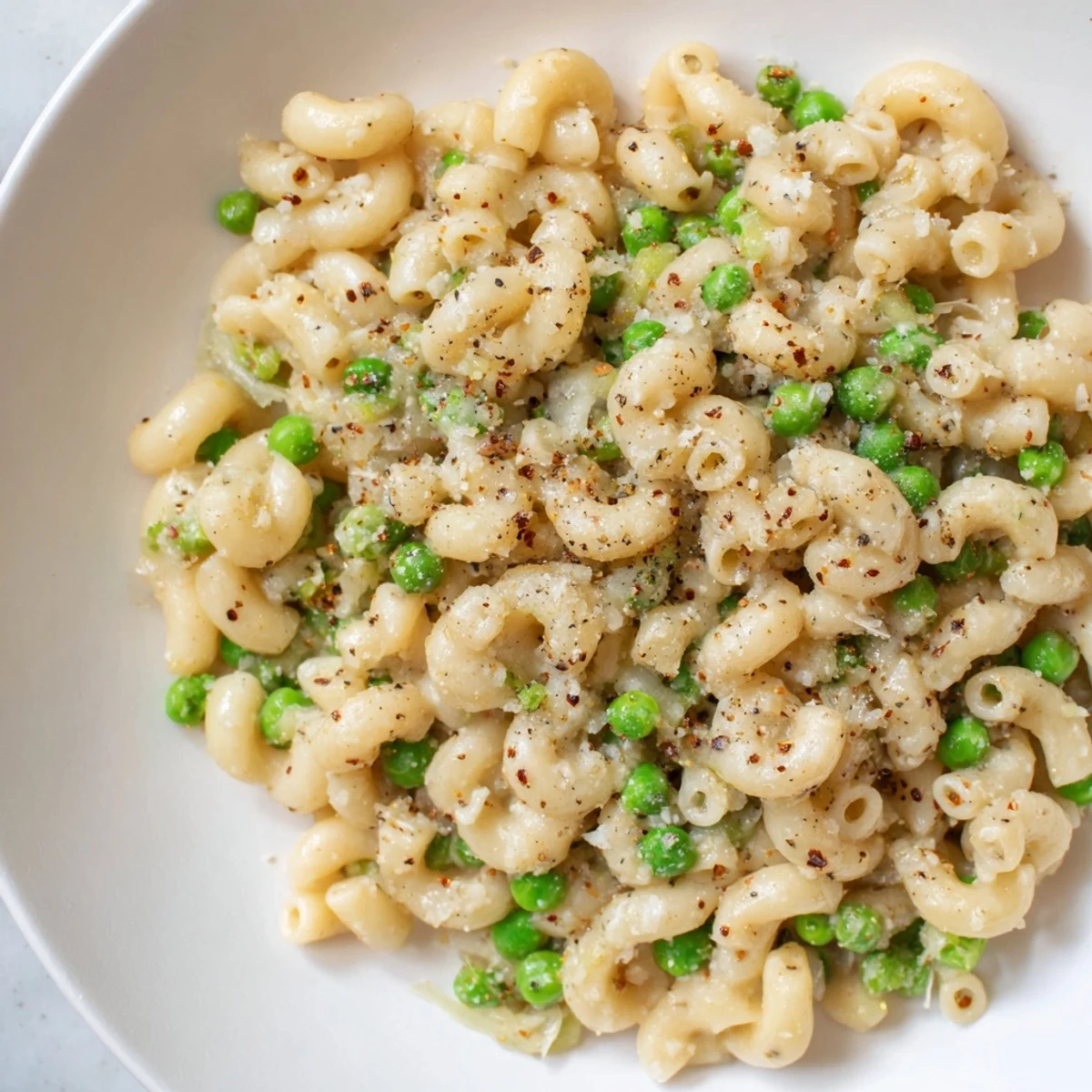 A steaming bowl of creamy macaroni and peas, garnished with fresh Parmesan cheese.
